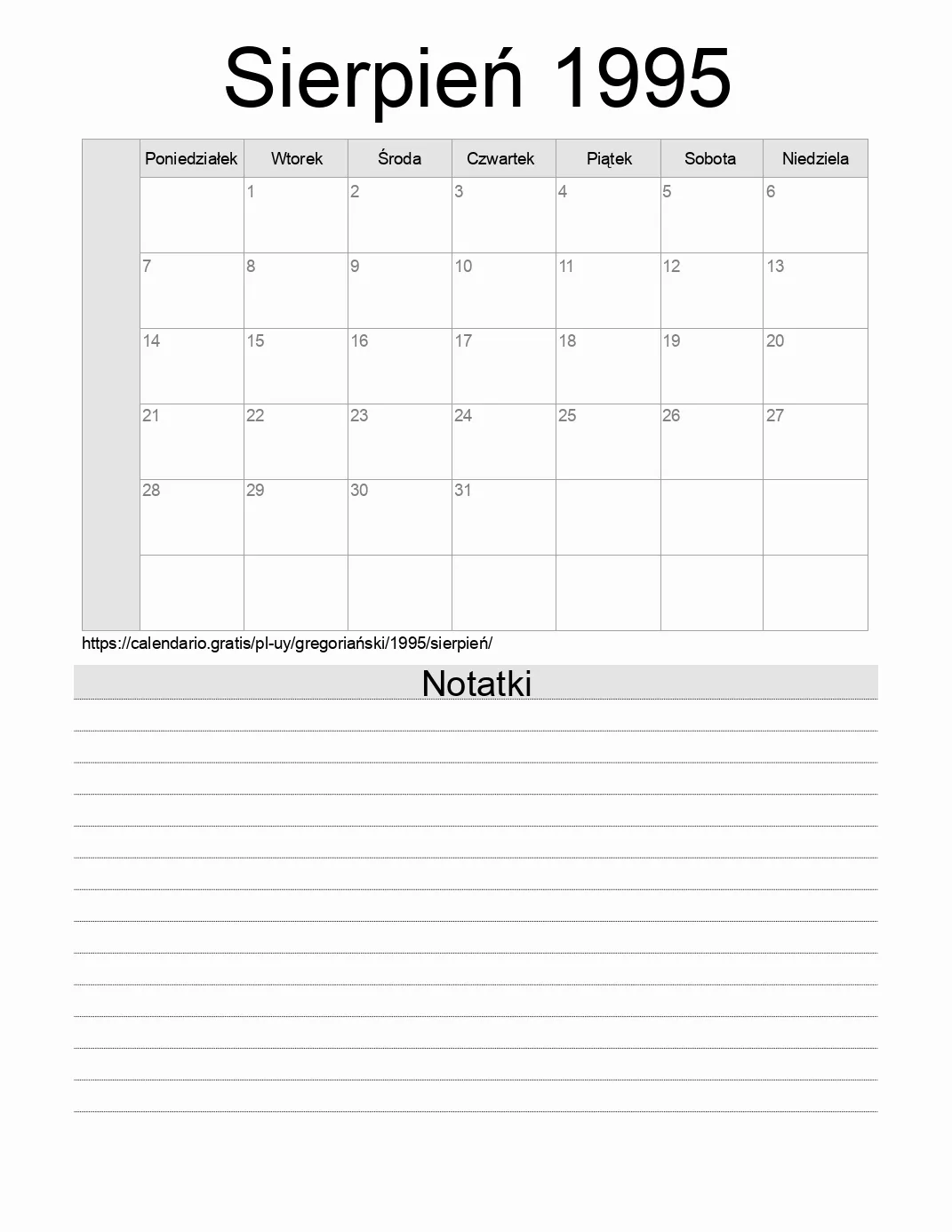 Kalendarz na Sierpień 1995 do druku z notatkami. (Urugwaj)