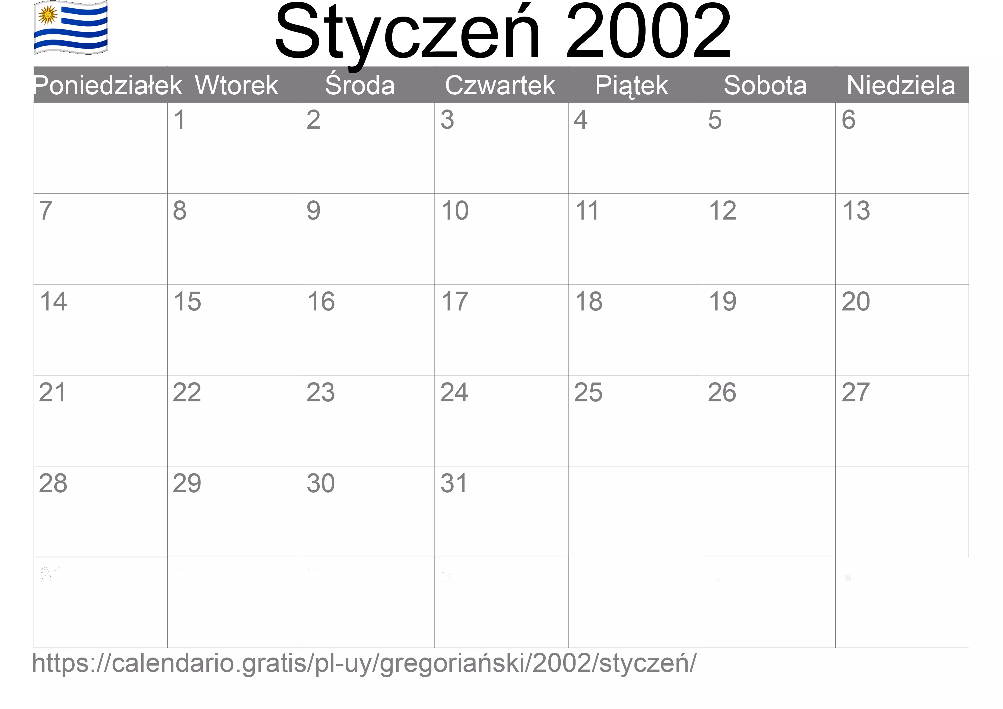 Kalendarz na Styczeń 2002 do druku (Urugwaj)