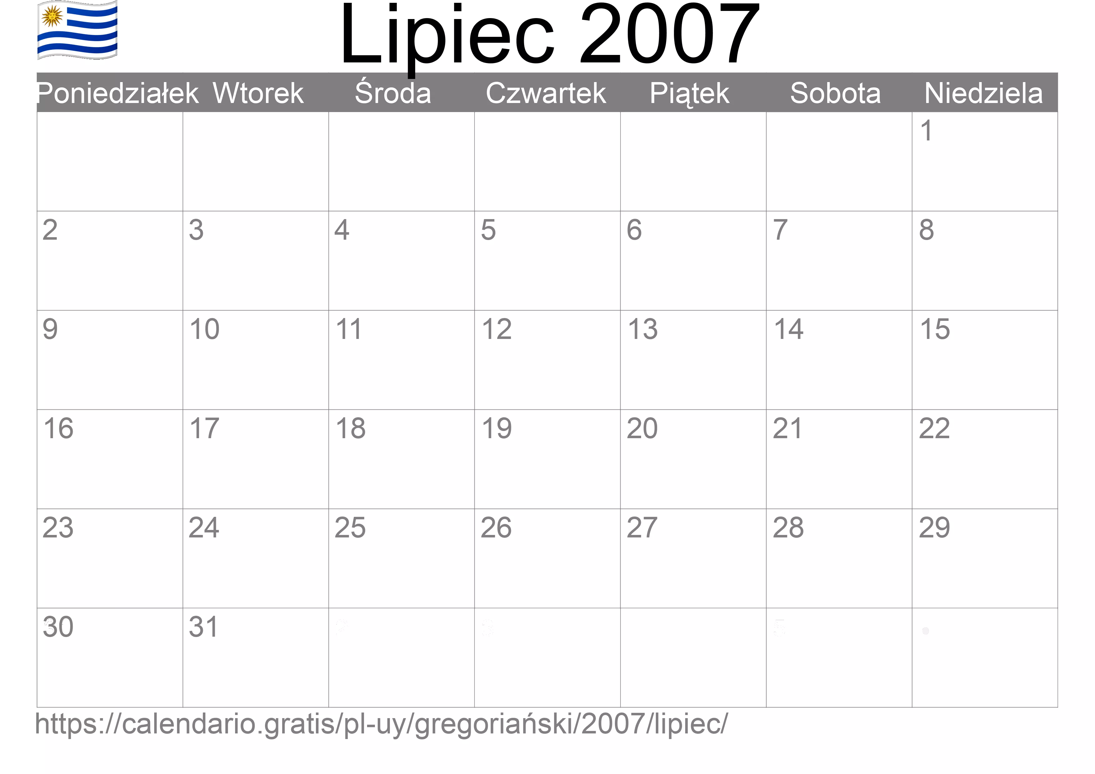 Kalendarz na Lipiec 2007 do druku (Urugwaj) Kalendarz na Lipiec 2007 do druku (Urugwaj)