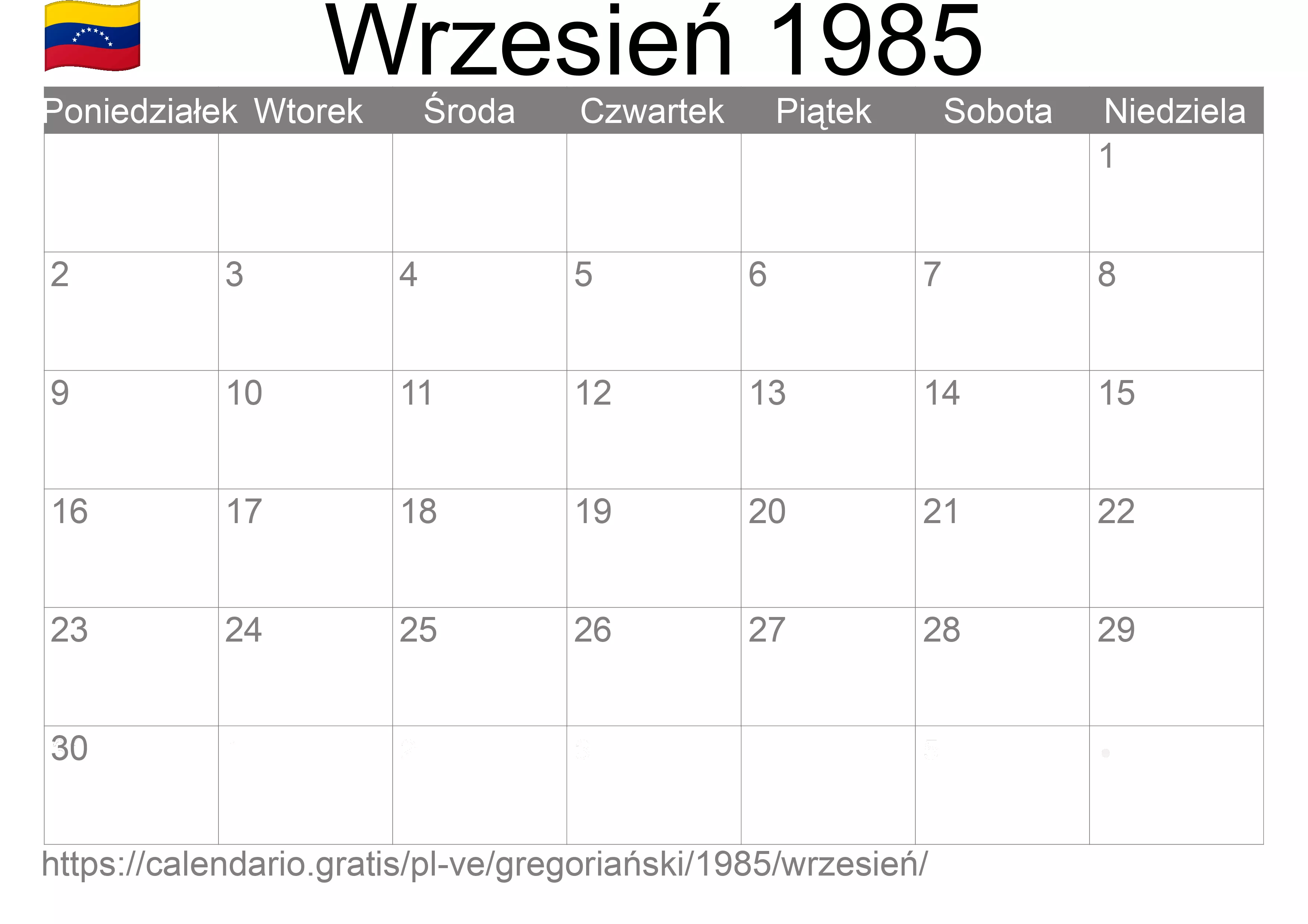 Kalendarz na Wrzesień 1985 do druku (Wenezuela)