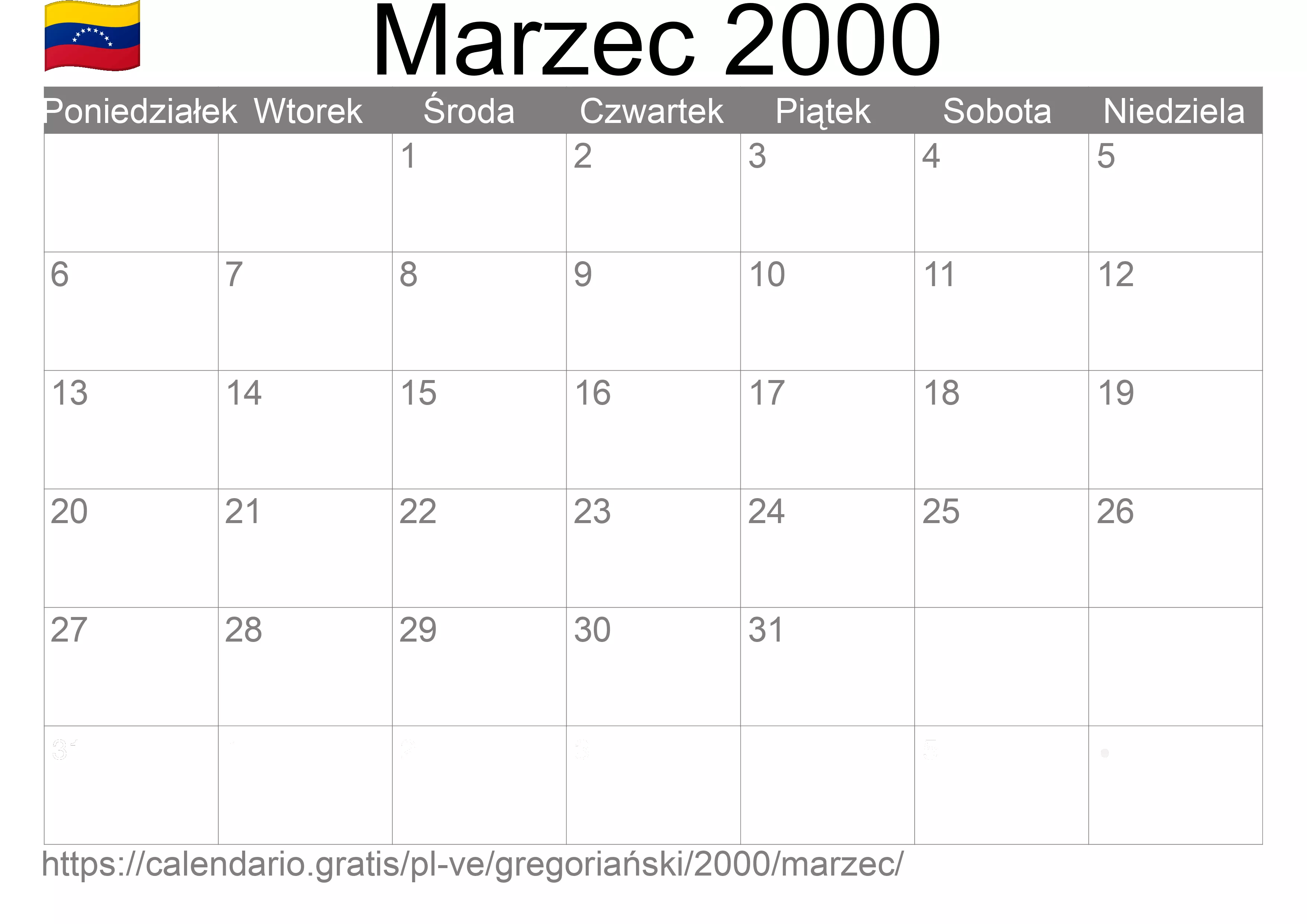 Kalendarz na Marzec 2000 do druku (Wenezuela)