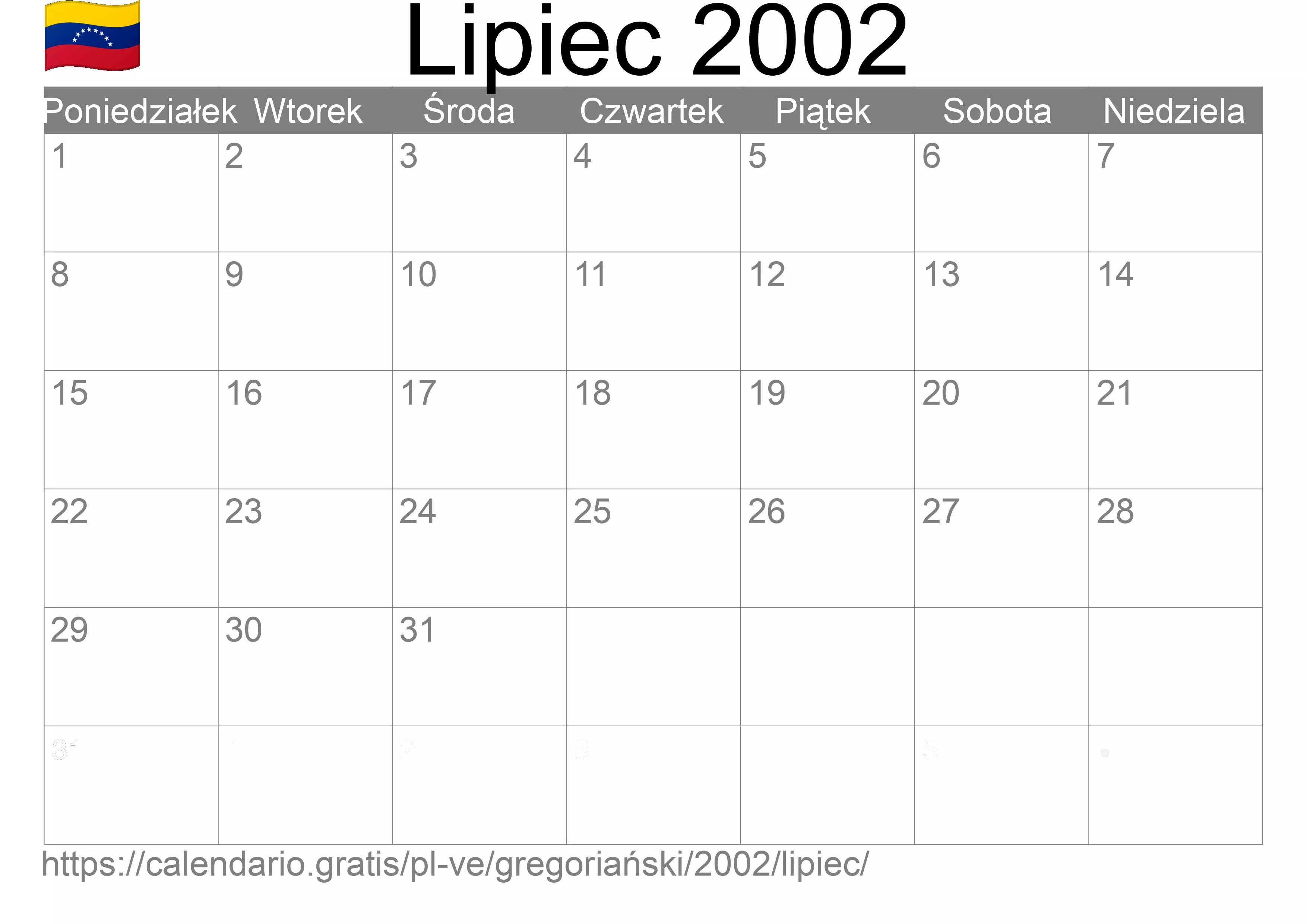 Kalendarz na Lipiec 2002 do druku (Wenezuela) Kalendarz na Lipiec 2002 do druku (Wenezuela)