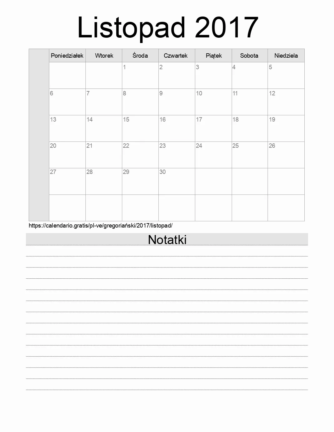 Kalendarz na Listopad 2017 do druku z notatkami. (Wenezuela)