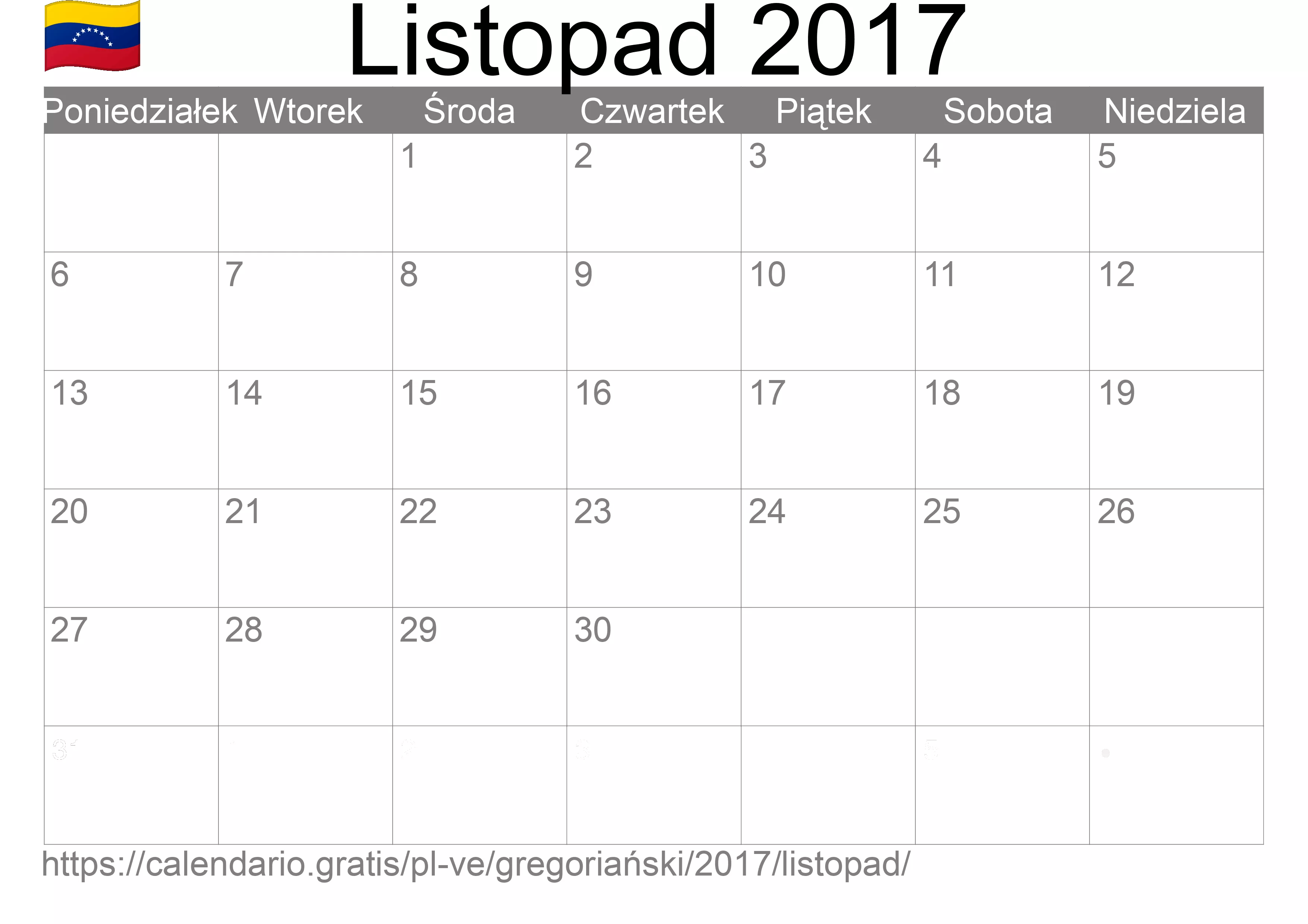 Kalendarz na Listopad 2017 do druku (Wenezuela)