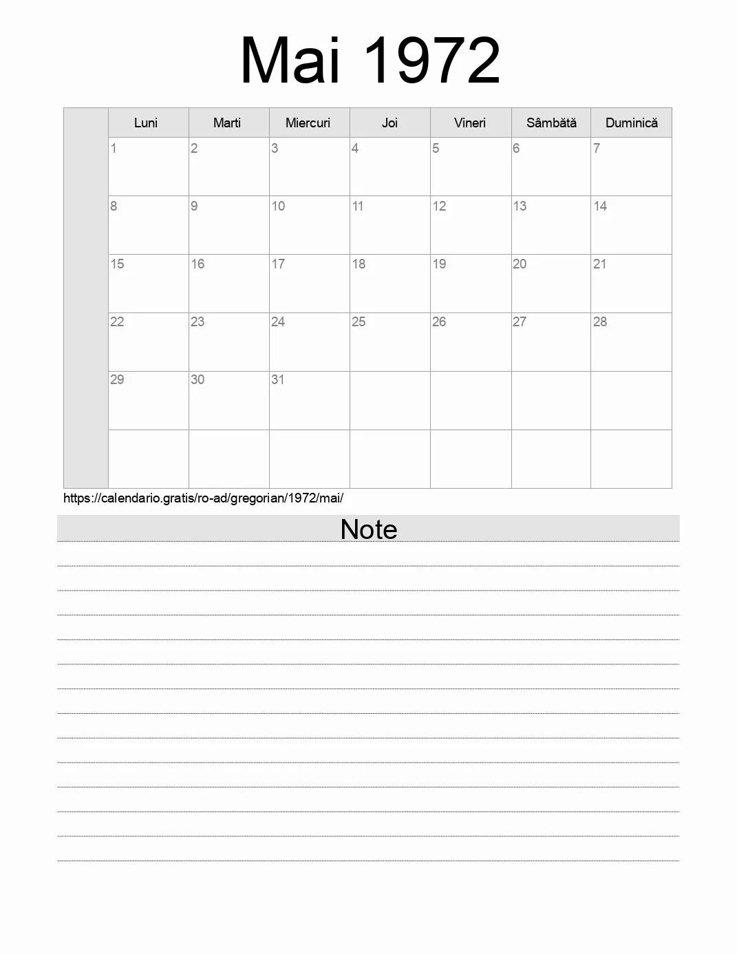 Calendar pentru Mai 1972 de imprimat cu note. (Andorra)