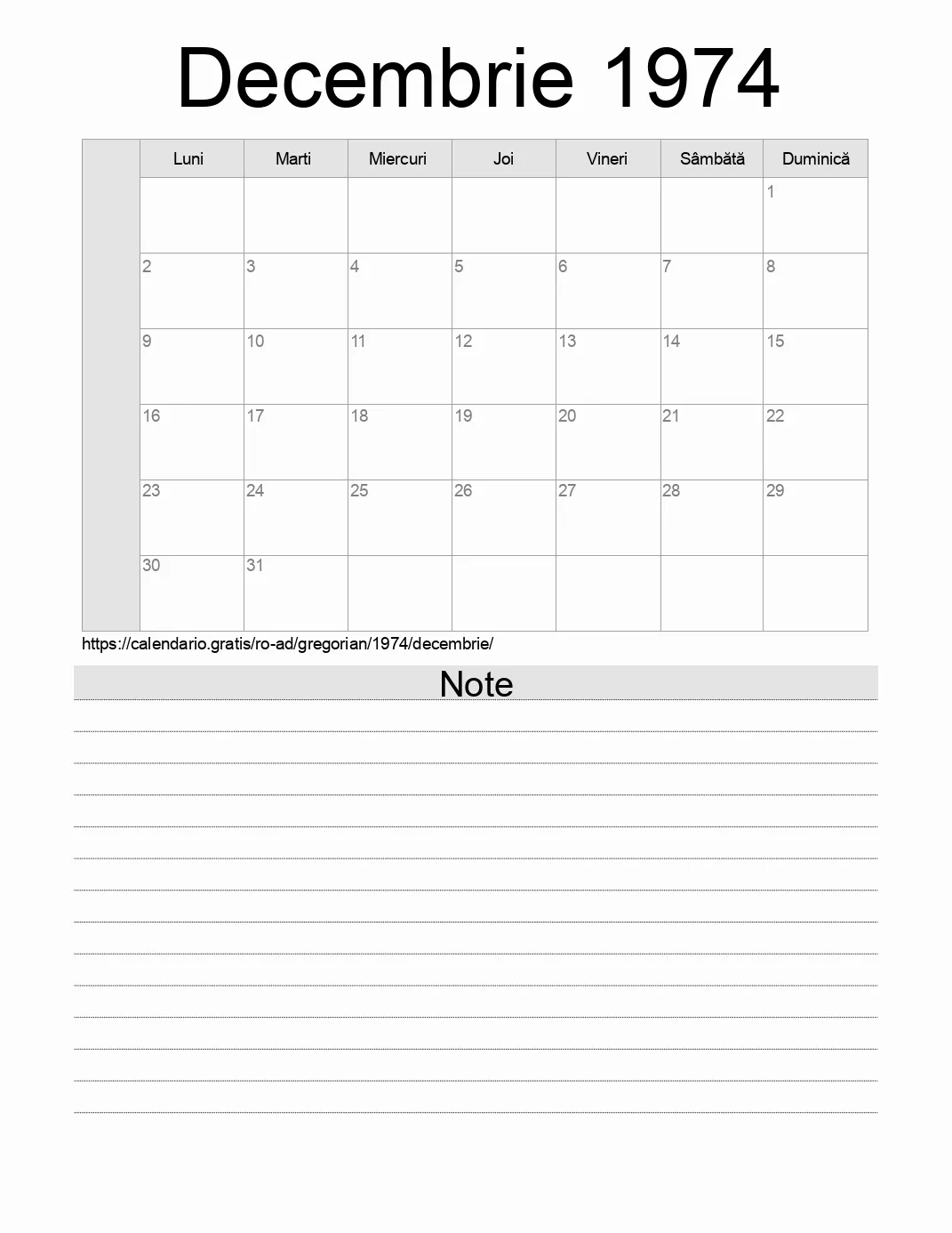 Calendar pentru Decembrie 1974 de imprimat cu note. (Andorra) Calendar pentru Decembrie 1974 de imprimat cu note. (Andorra)