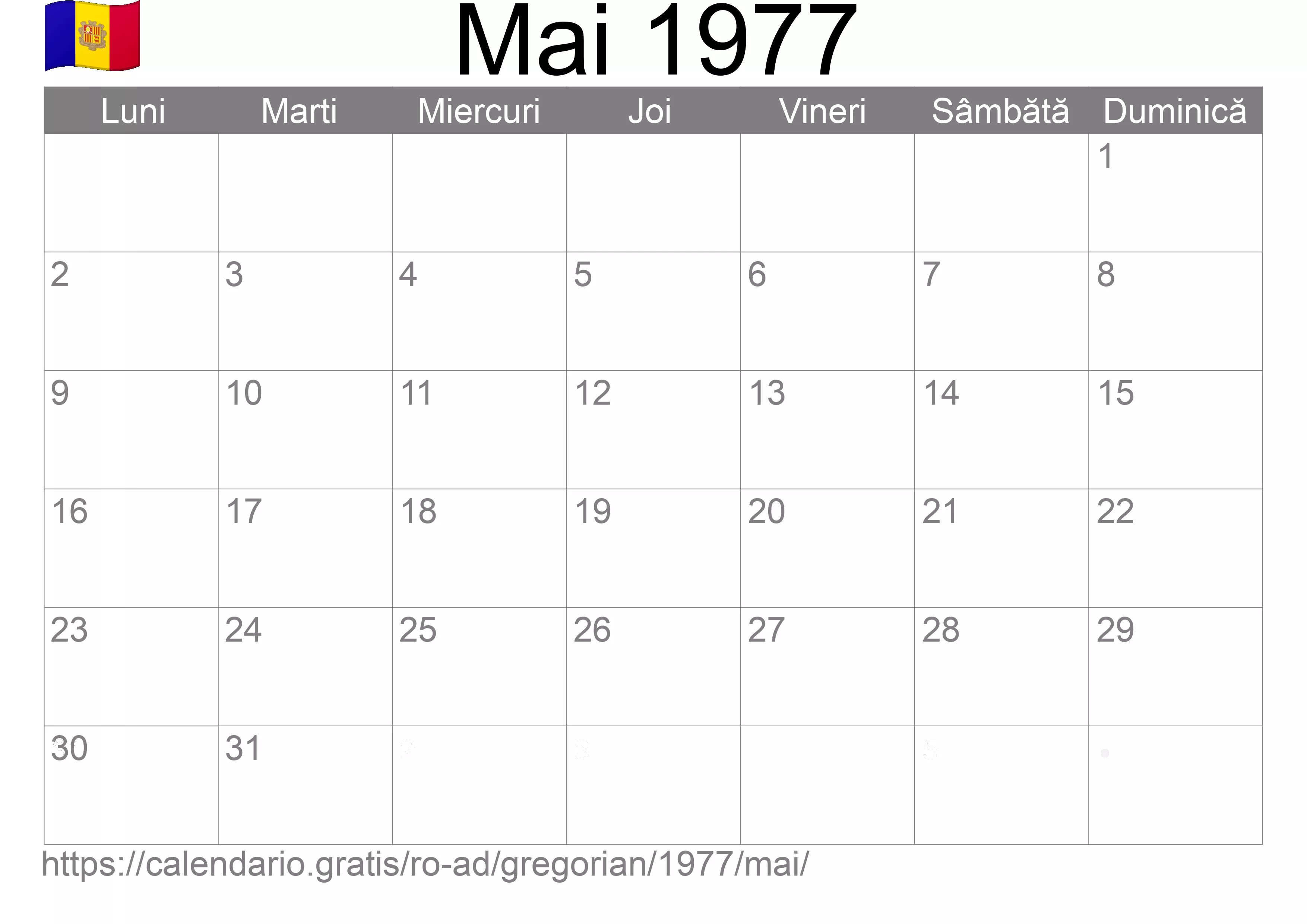 Calendar Mai 1977 pentru imprimare (Andorra)