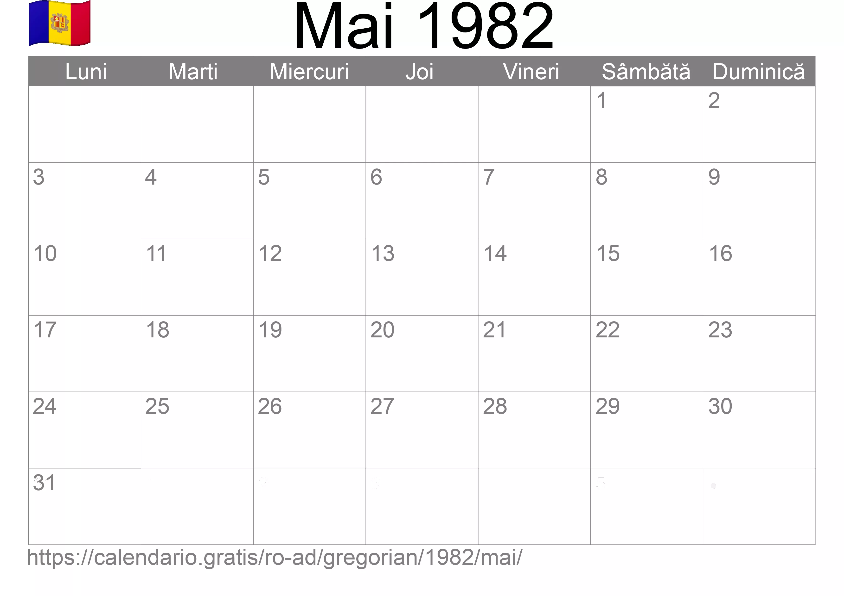 Calendar Mai 1982 pentru imprimare (Andorra)
