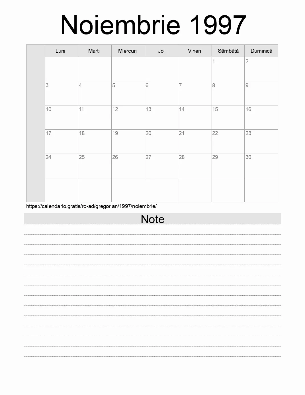 Calendar pentru Noiembrie 1997 de imprimat cu note. (Andorra)