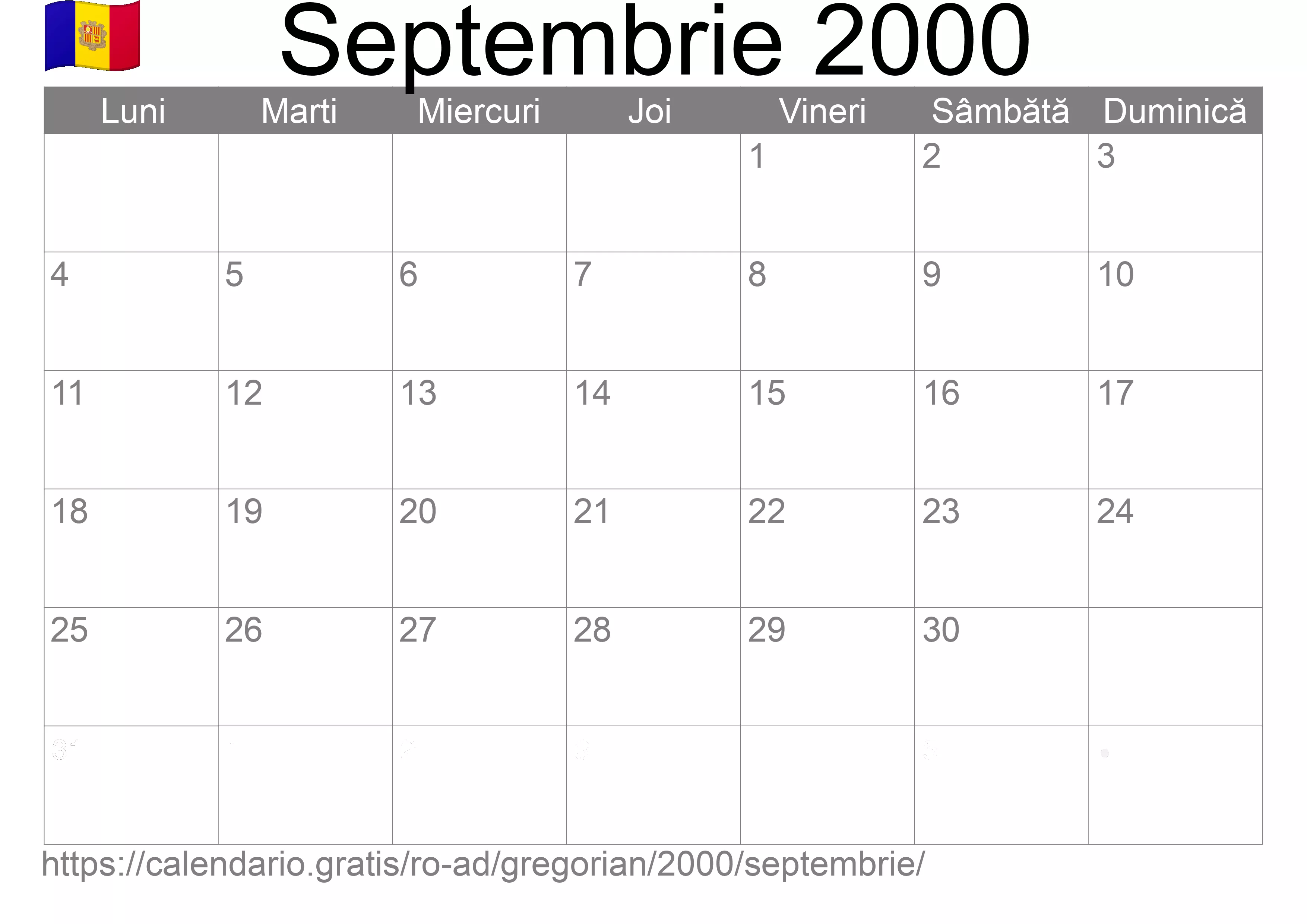 Calendar Septembrie 2000 pentru imprimare (Andorra)