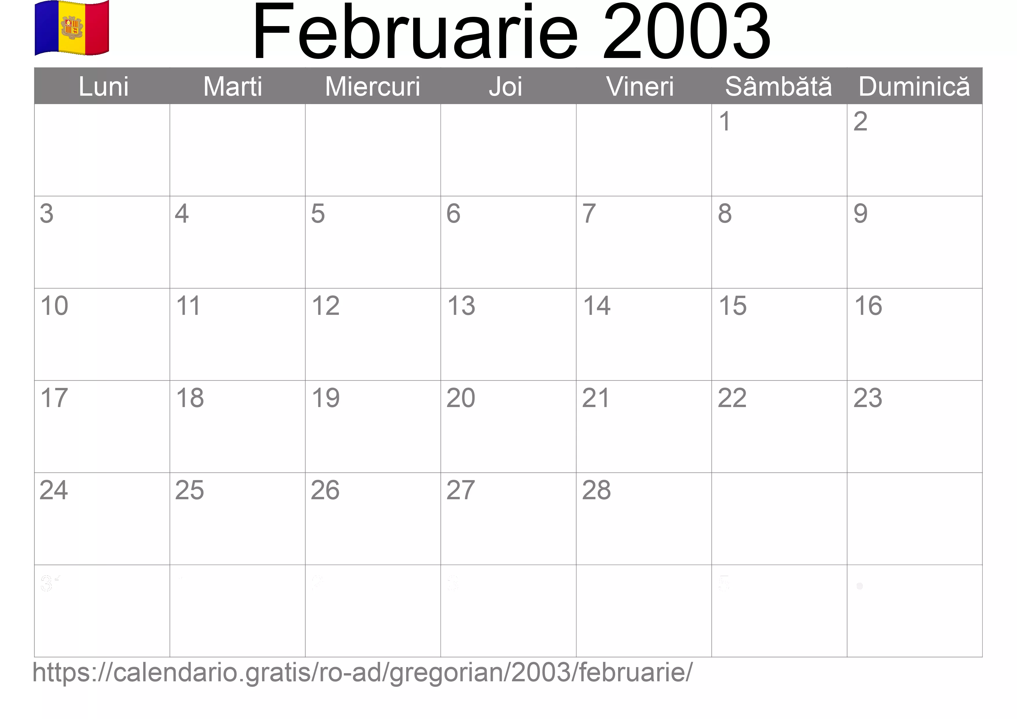 Calendar Februarie 2003 pentru imprimare (Andorra) Calendar Februarie 2003 pentru imprimare (Andorra)