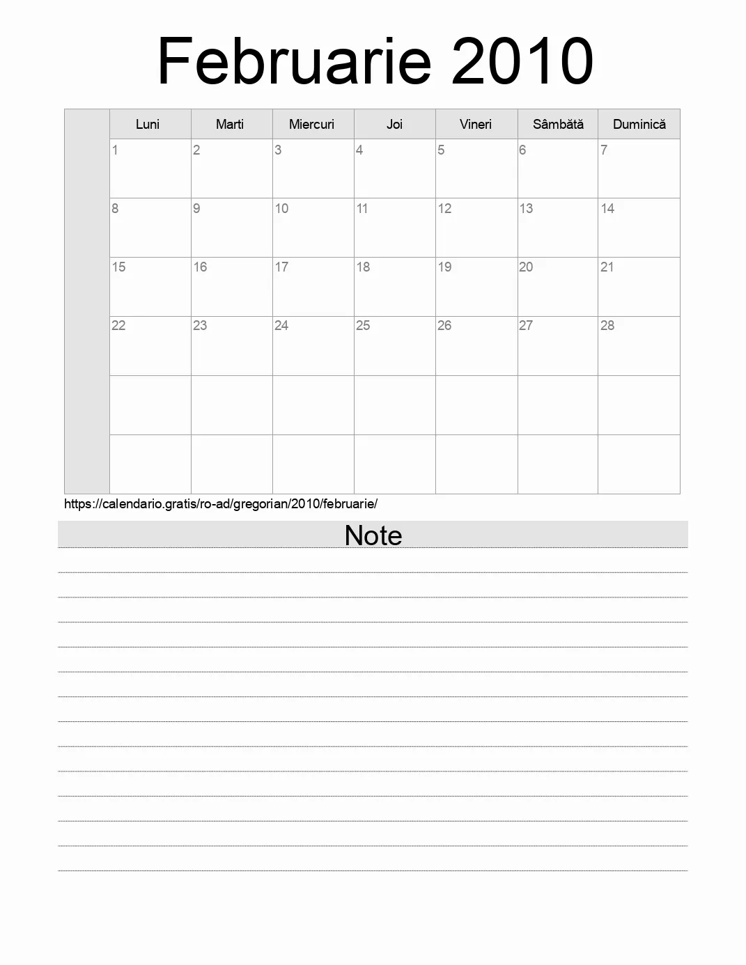 Calendar pentru Februarie 2010 de imprimat cu note. (Andorra) Calendar pentru Februarie 2010 de imprimat cu note. (Andorra)