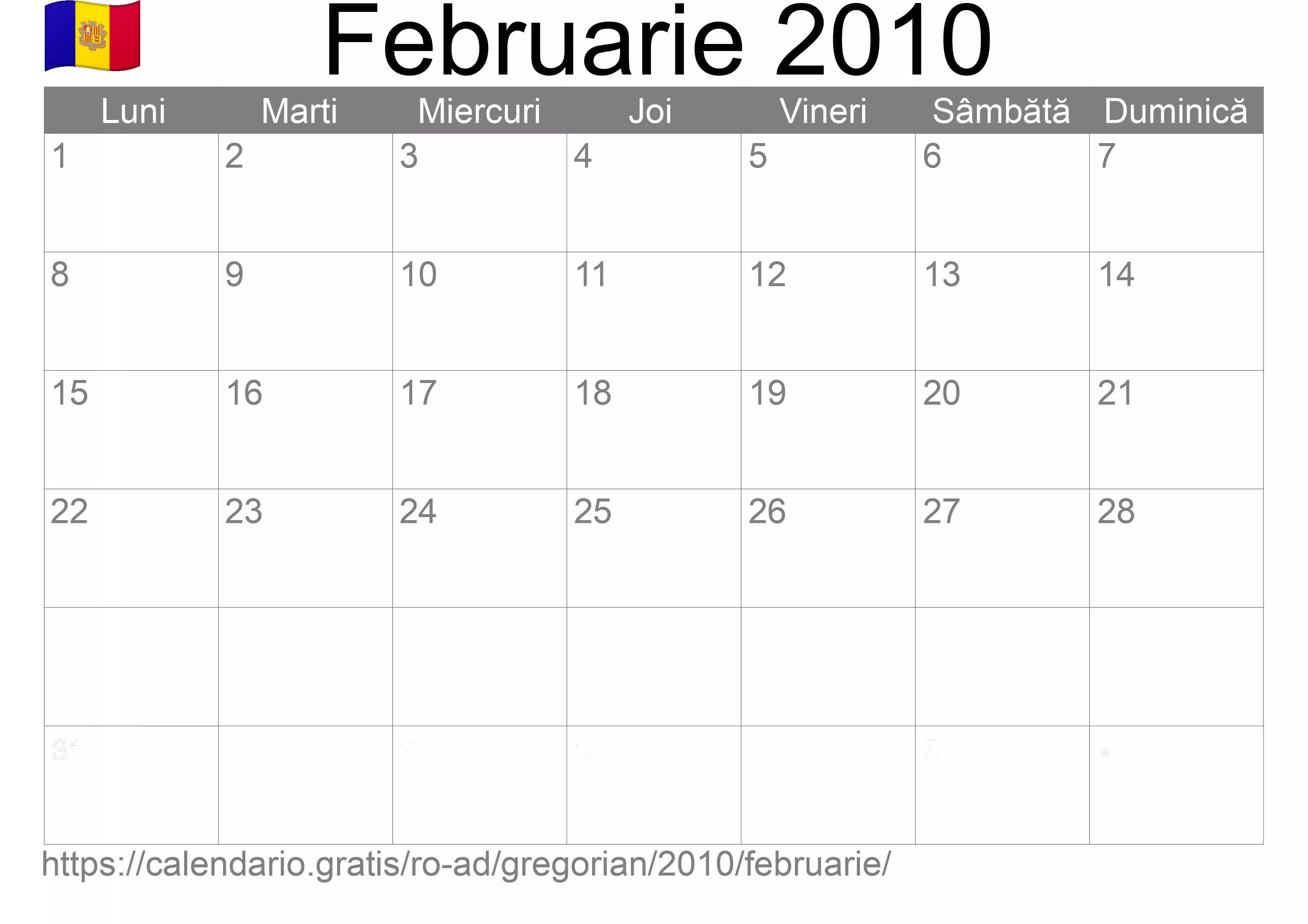 Calendar Februarie 2010 pentru imprimare (Andorra) Calendar Februarie 2010 pentru imprimare (Andorra)
