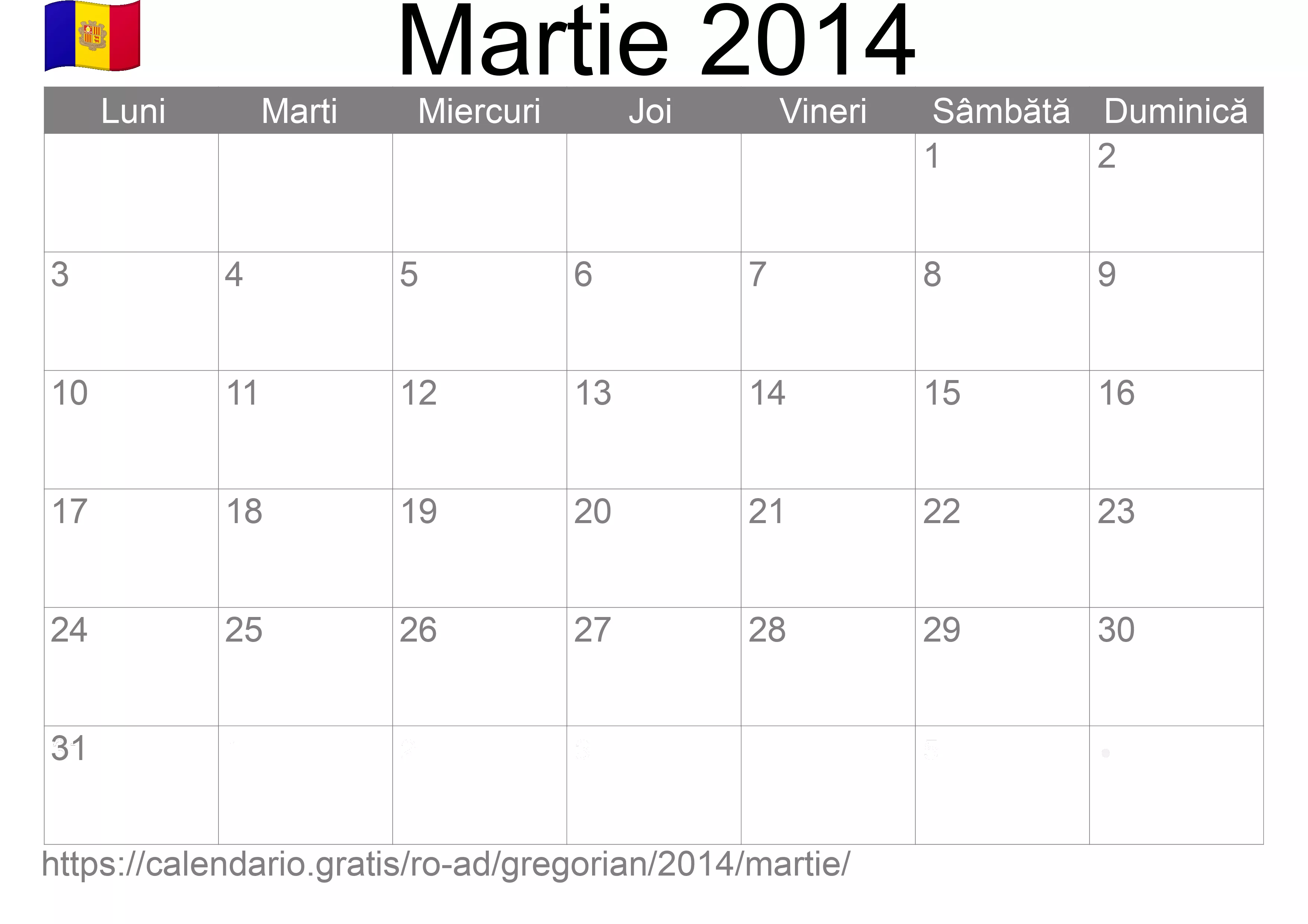 Calendar Martie 2014 pentru imprimare (Andorra)