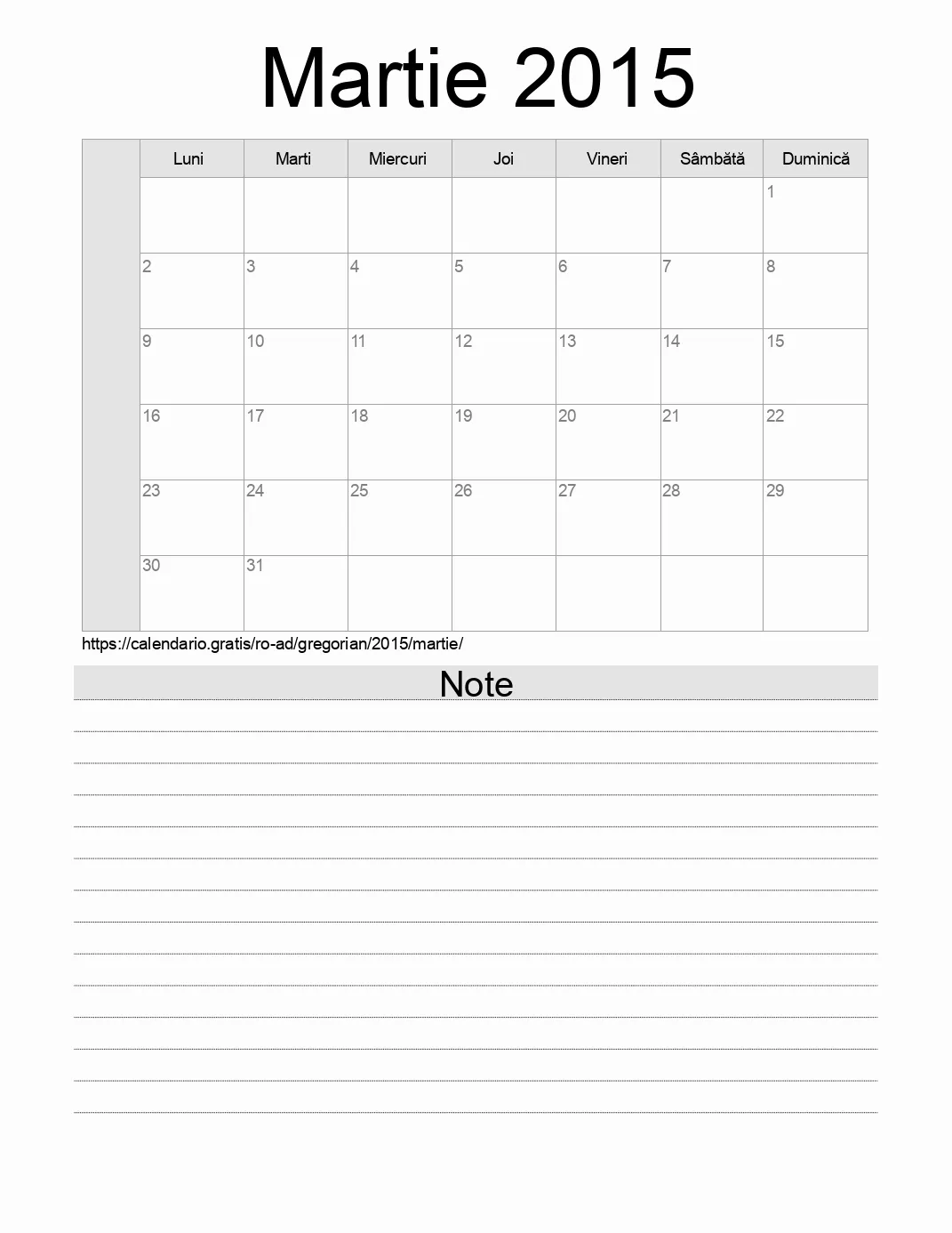 Calendar pentru Martie 2015 de imprimat cu note. (Andorra)