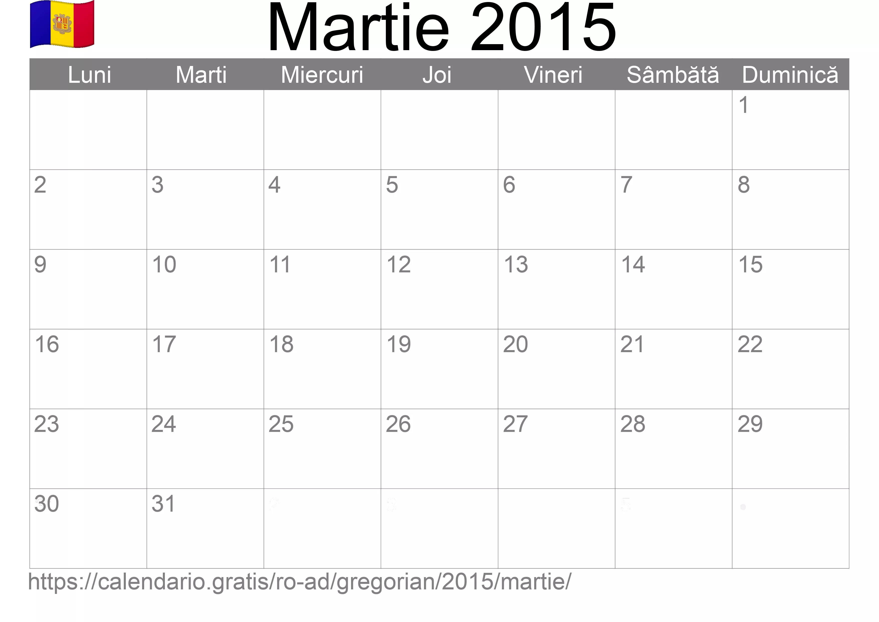 Calendar Martie 2015 pentru imprimare (Andorra)