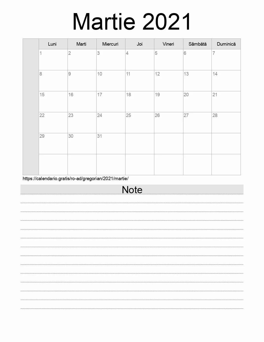 Calendar pentru Martie 2021 de imprimat cu note. (Andorra)