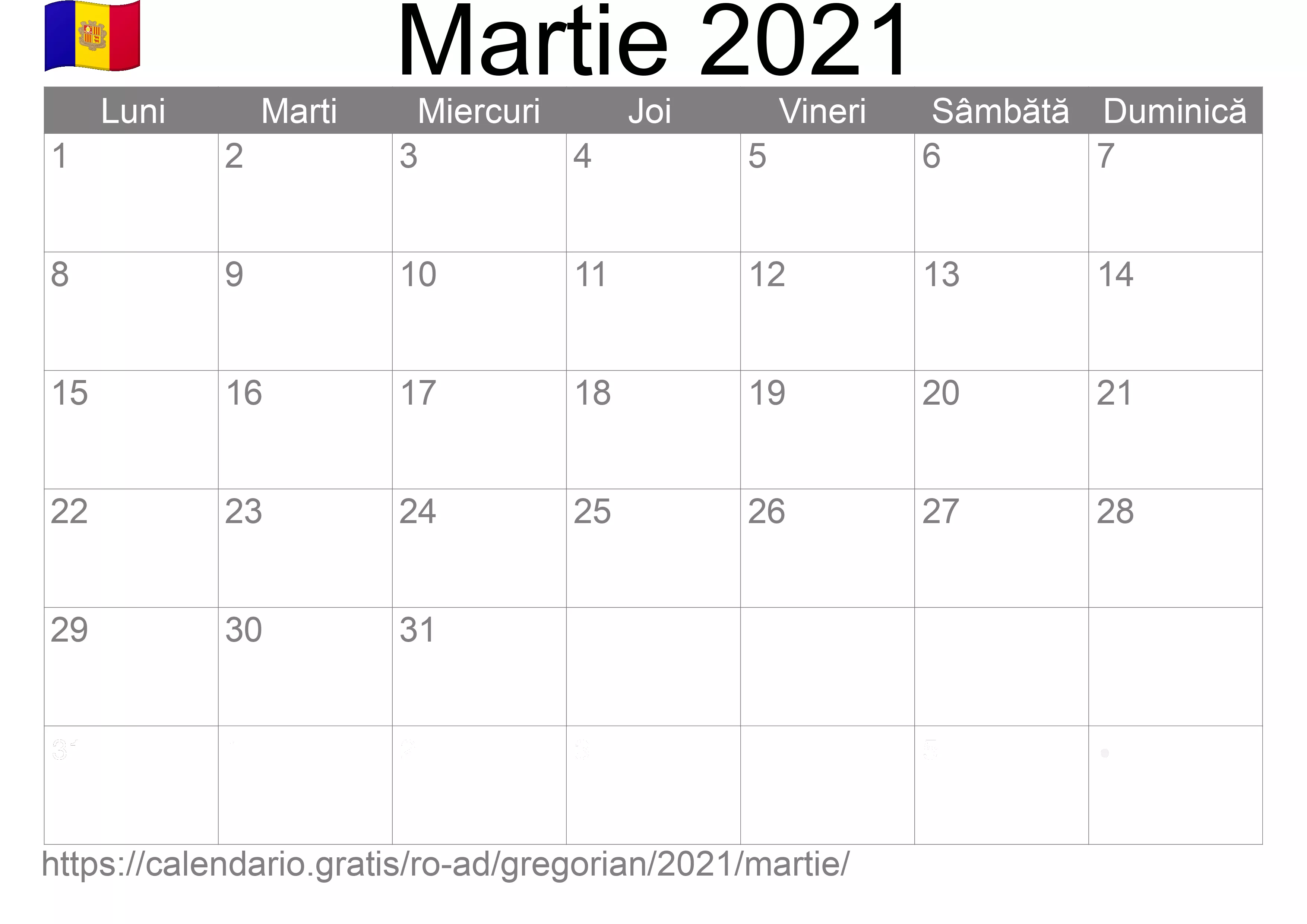Calendar Martie 2021 pentru imprimare (Andorra)