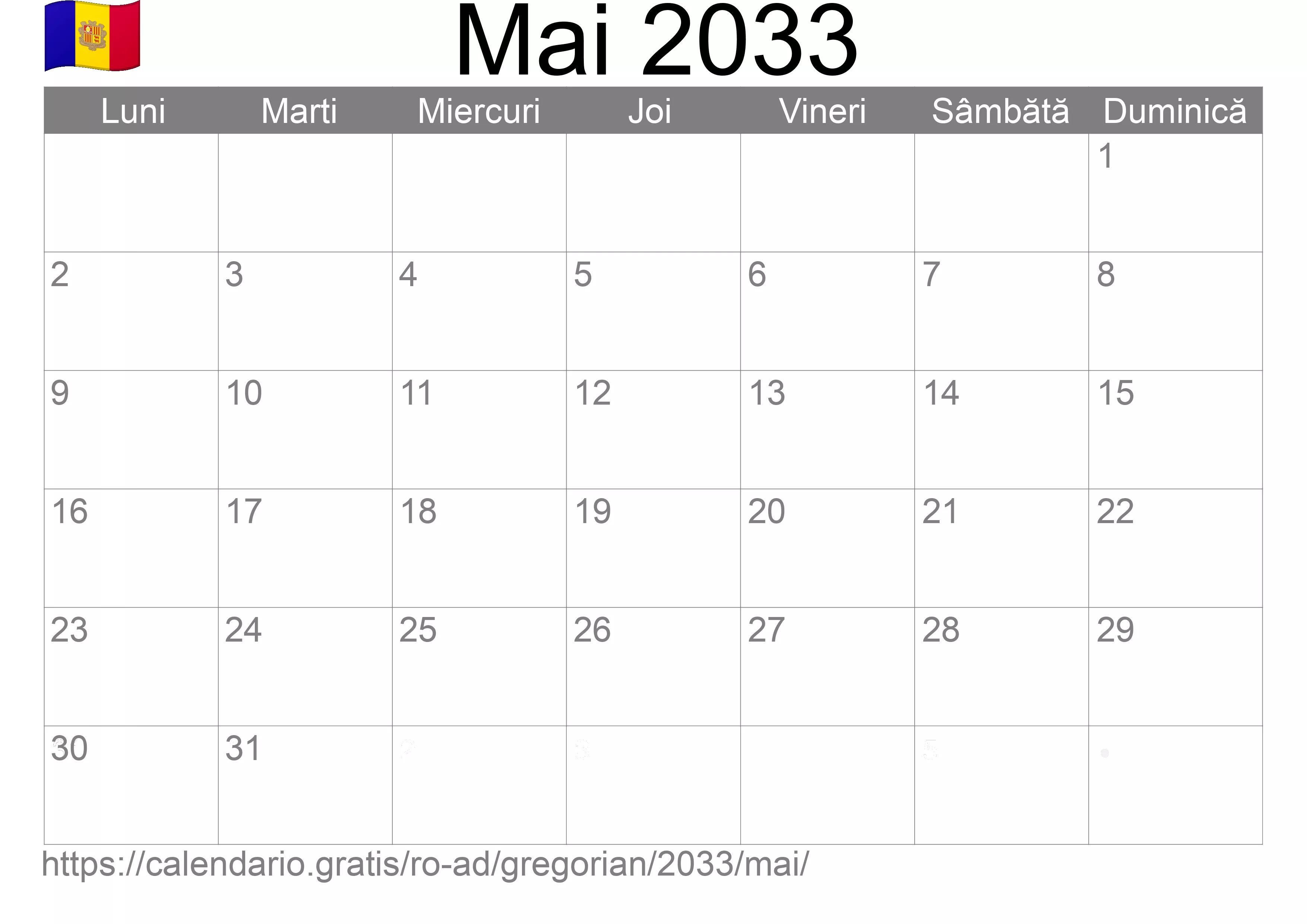 Calendar Mai 2033 pentru imprimare (Andorra)