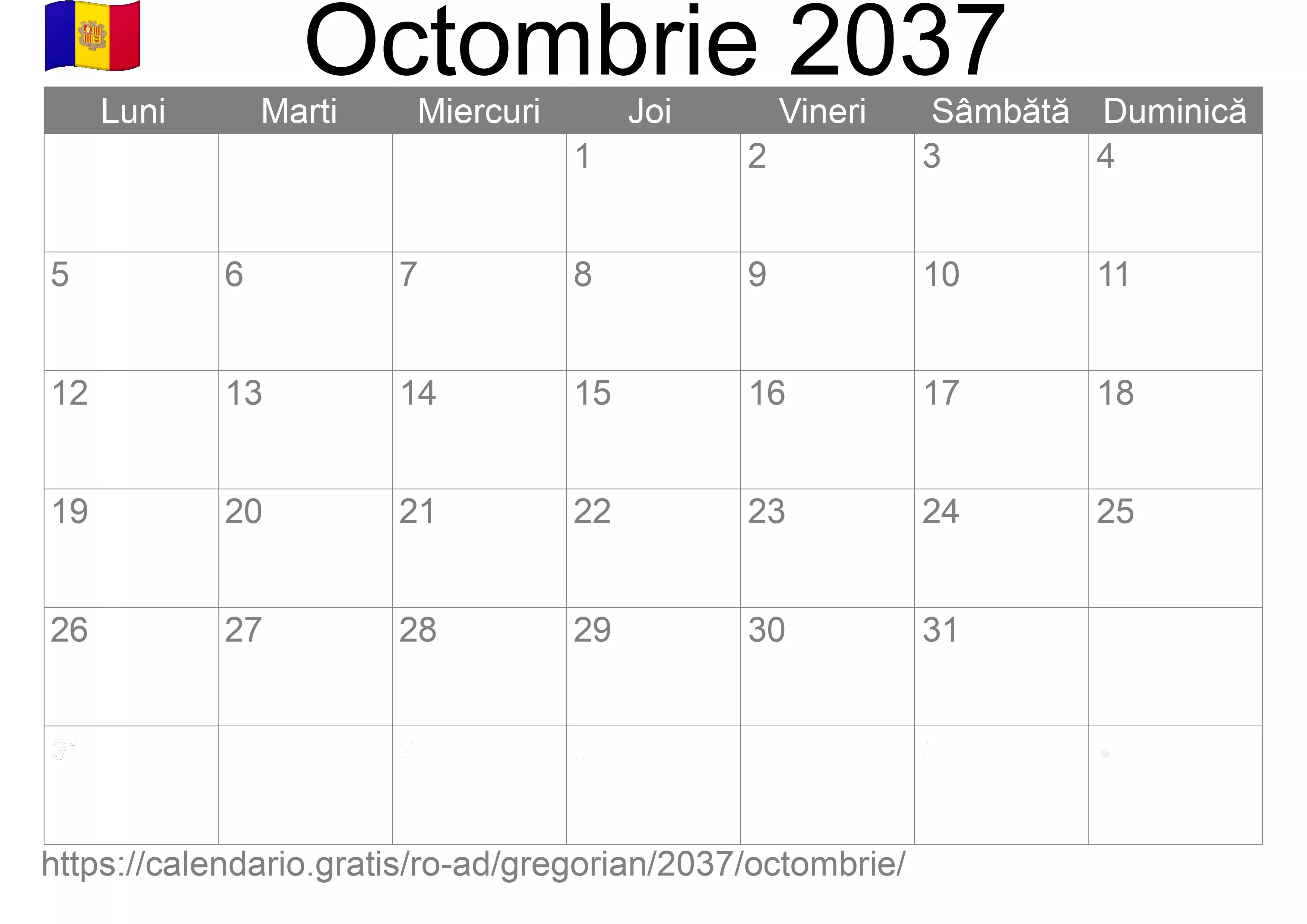 Calendar Octombrie 2037 pentru imprimare (Andorra) Calendar Octombrie 2037 pentru imprimare (Andorra)