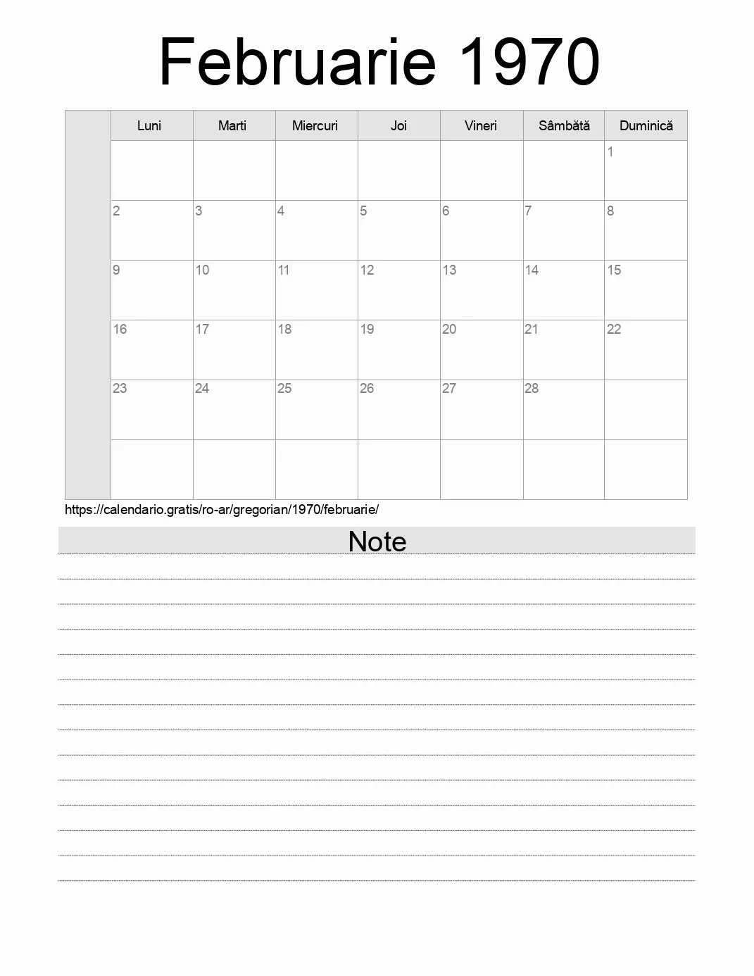 Calendar pentru Februarie 1970 de imprimat cu note. (Argentina)