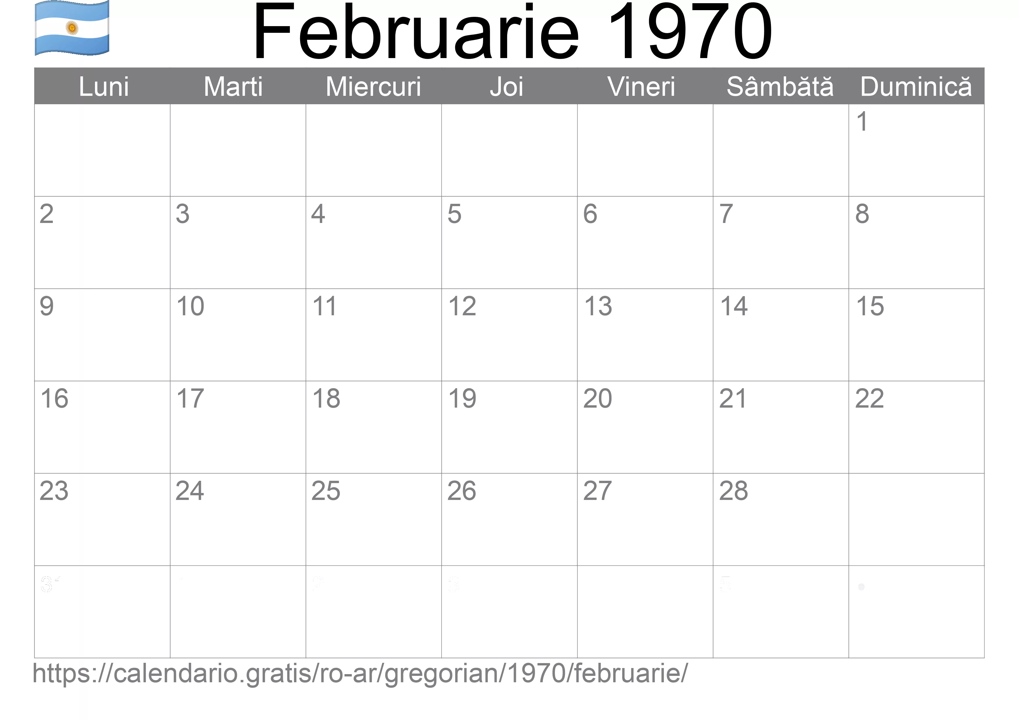 Calendar Februarie 1970 pentru imprimare (Argentina)