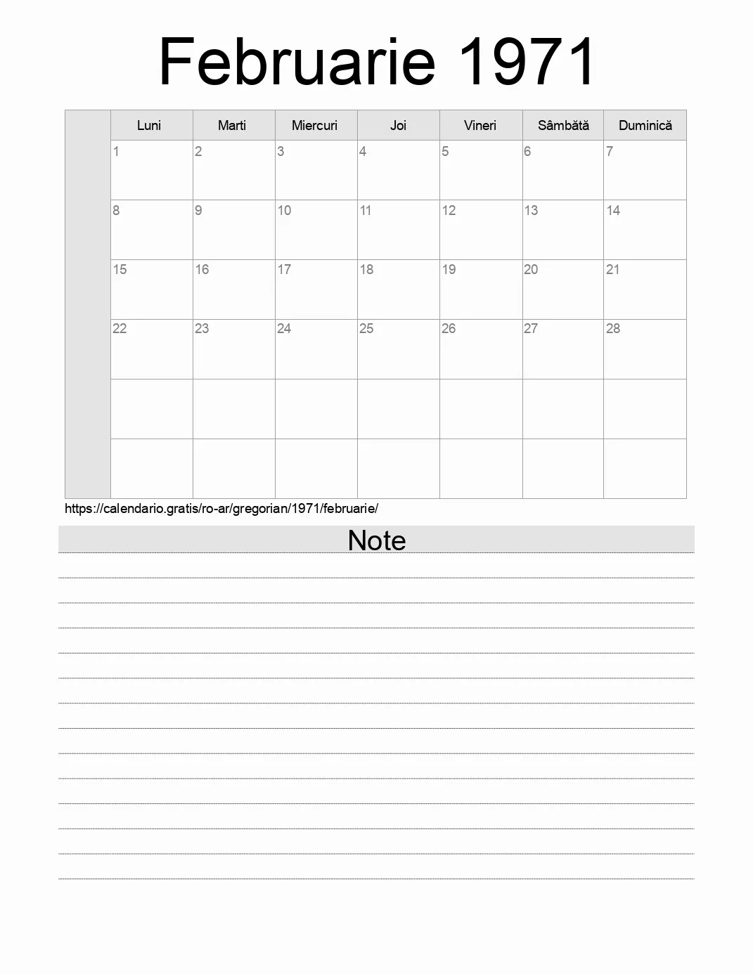 Calendar pentru Februarie 1971 de imprimat cu note. (Argentina)