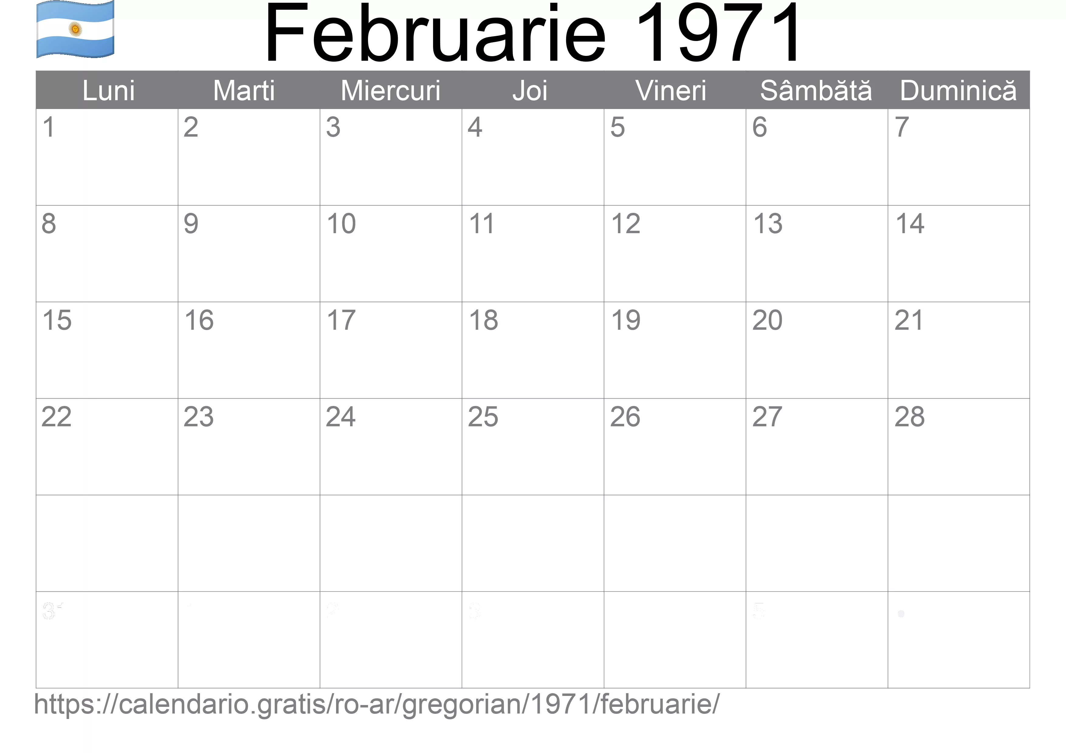 Calendar Februarie 1971 pentru imprimare (Argentina)