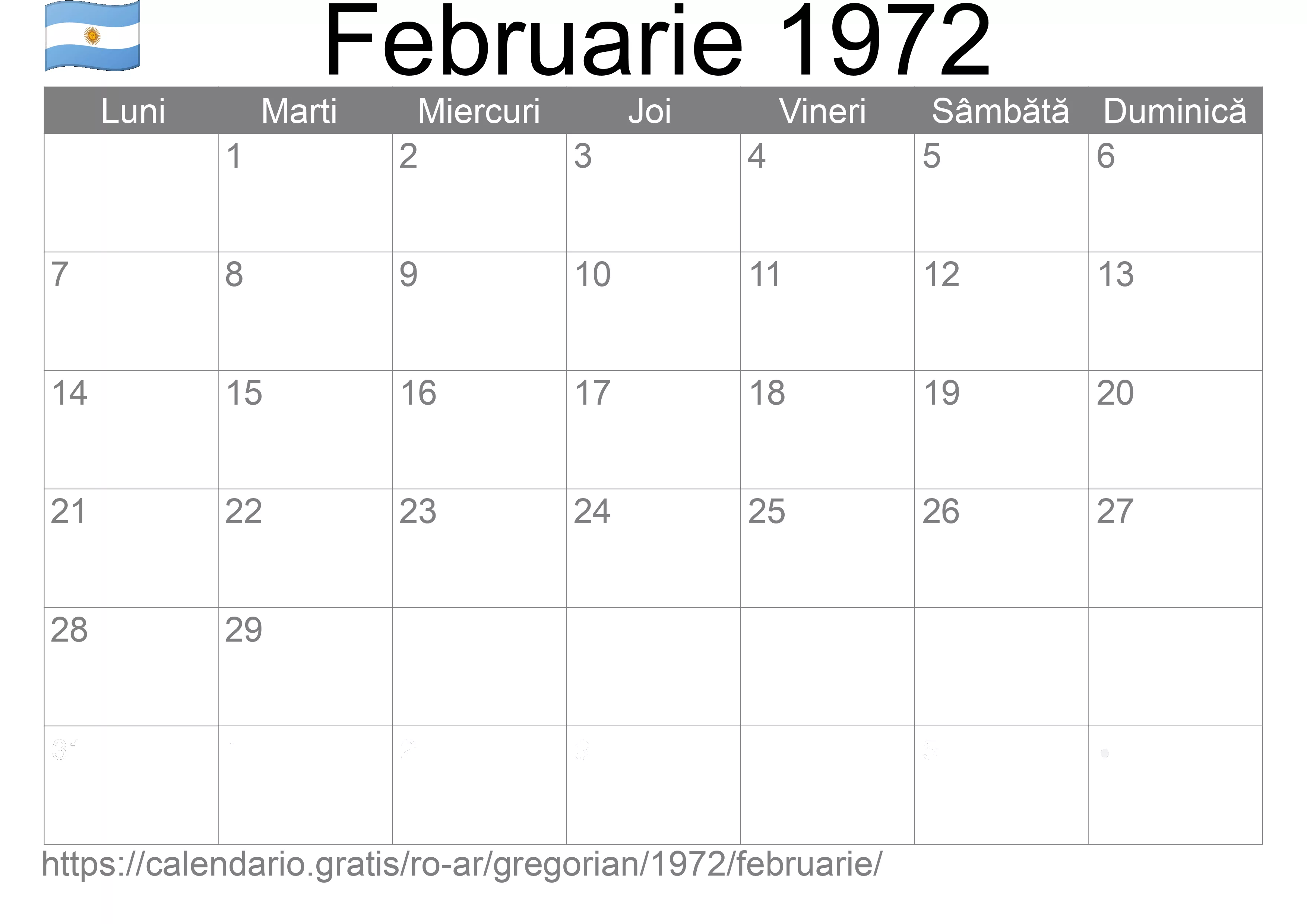 Calendar Februarie 1972 pentru imprimare (Argentina)