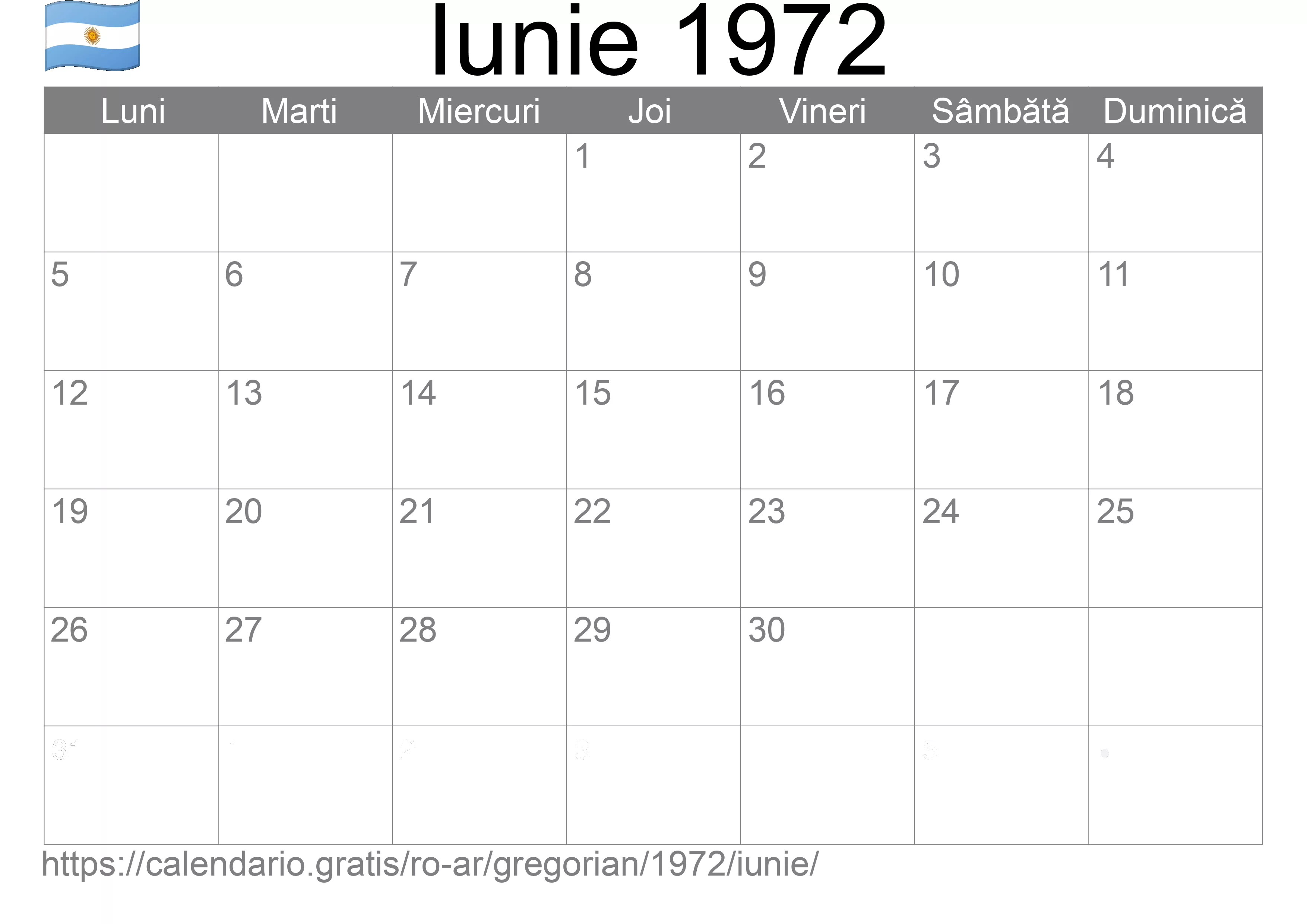 Calendar Iunie 1972 pentru imprimare (Argentina)