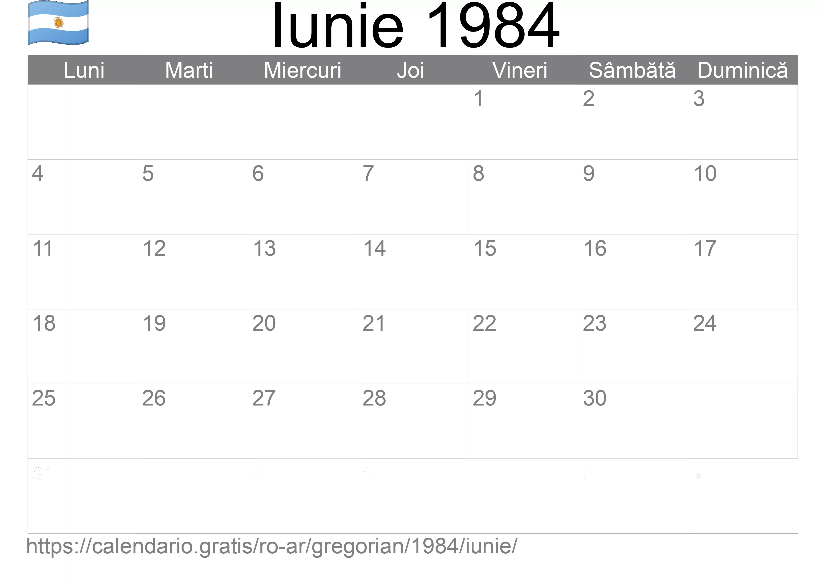Calendar Iunie 1984 pentru imprimare (Argentina)