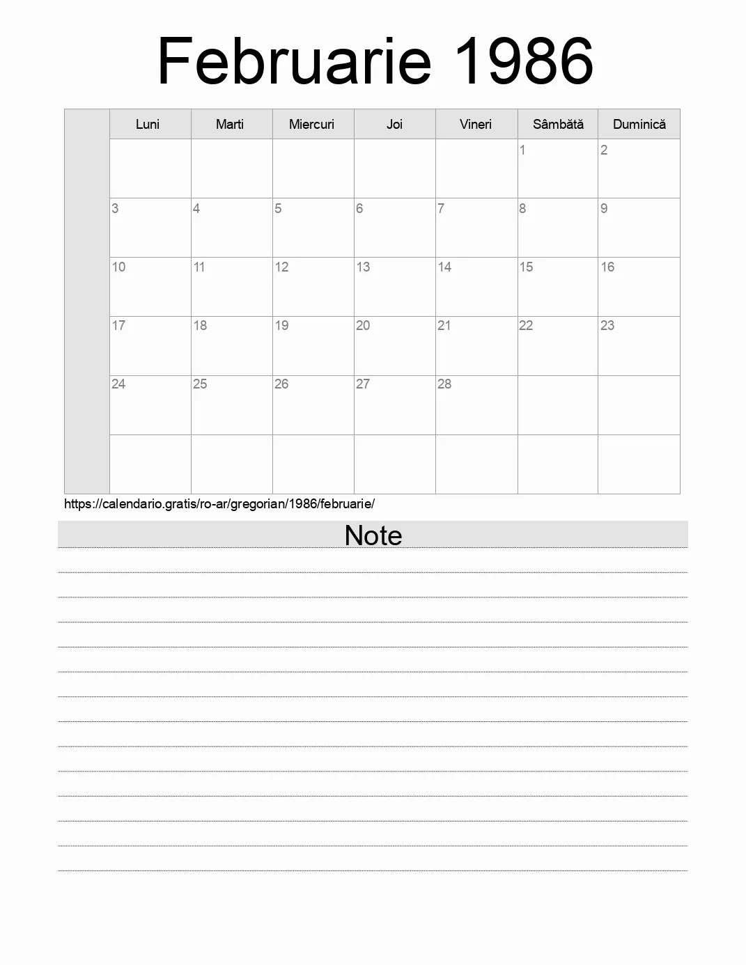 Calendar pentru Februarie 1986 de imprimat cu note. (Argentina)