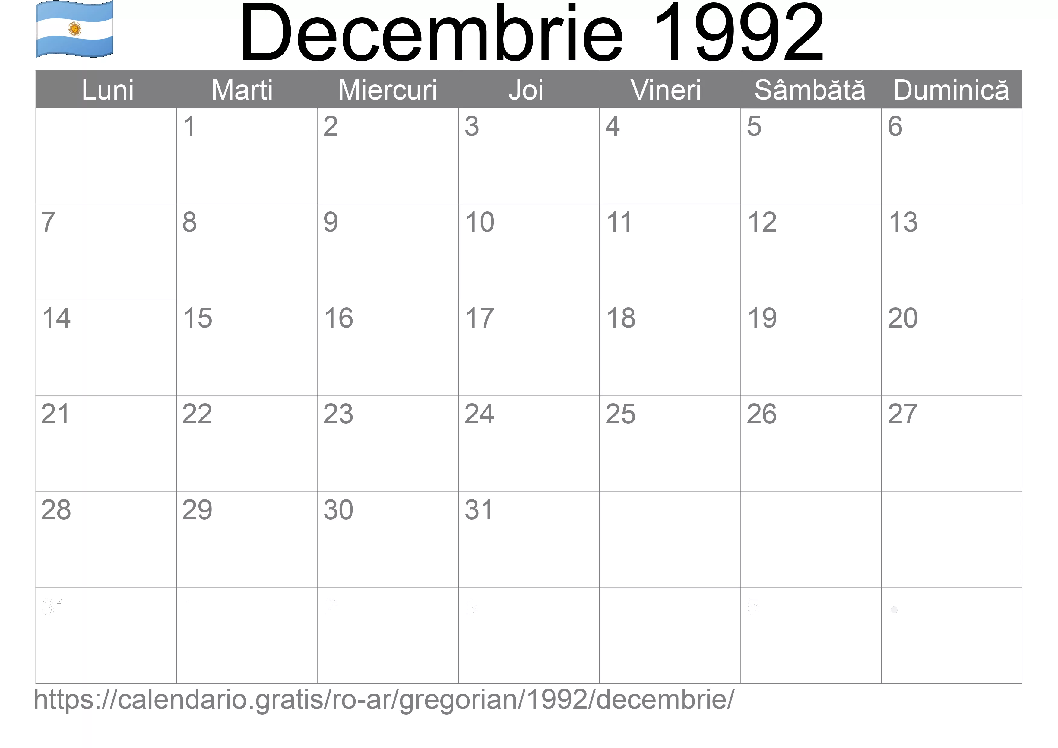 Calendar Decembrie 1992 pentru imprimare (Argentina) Calendar Decembrie 1992 pentru imprimare (Argentina)