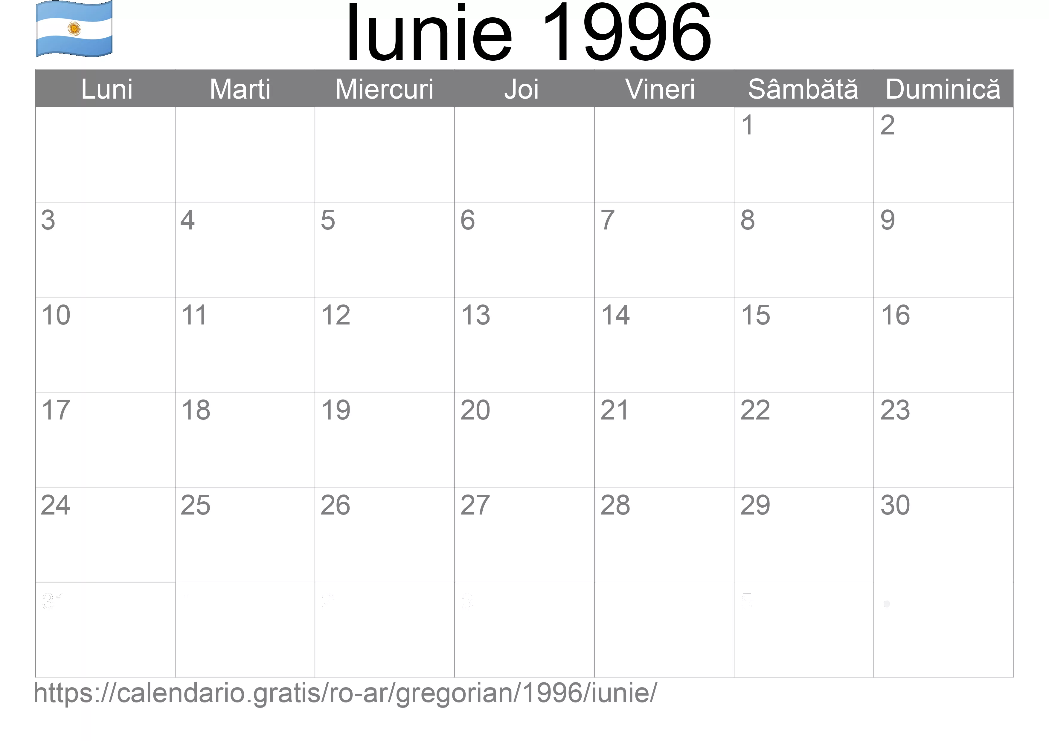 Calendar Iunie 1996 pentru imprimare (Argentina)