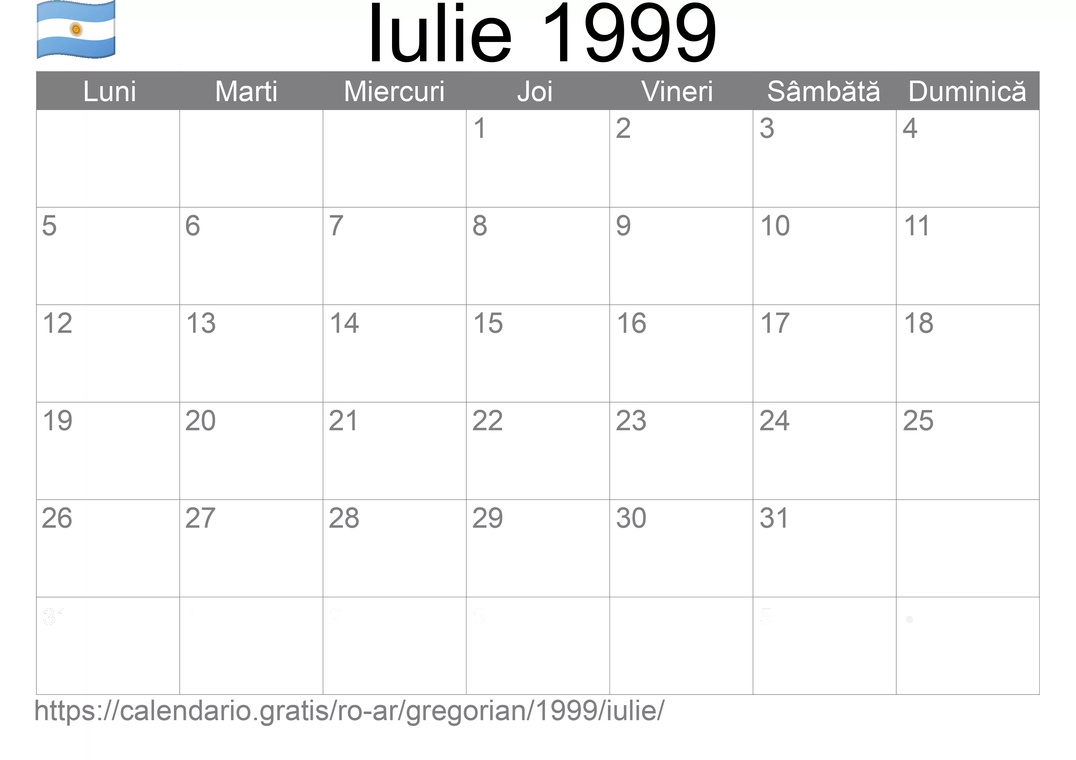 Calendar Iulie 1999 pentru imprimare (Argentina)