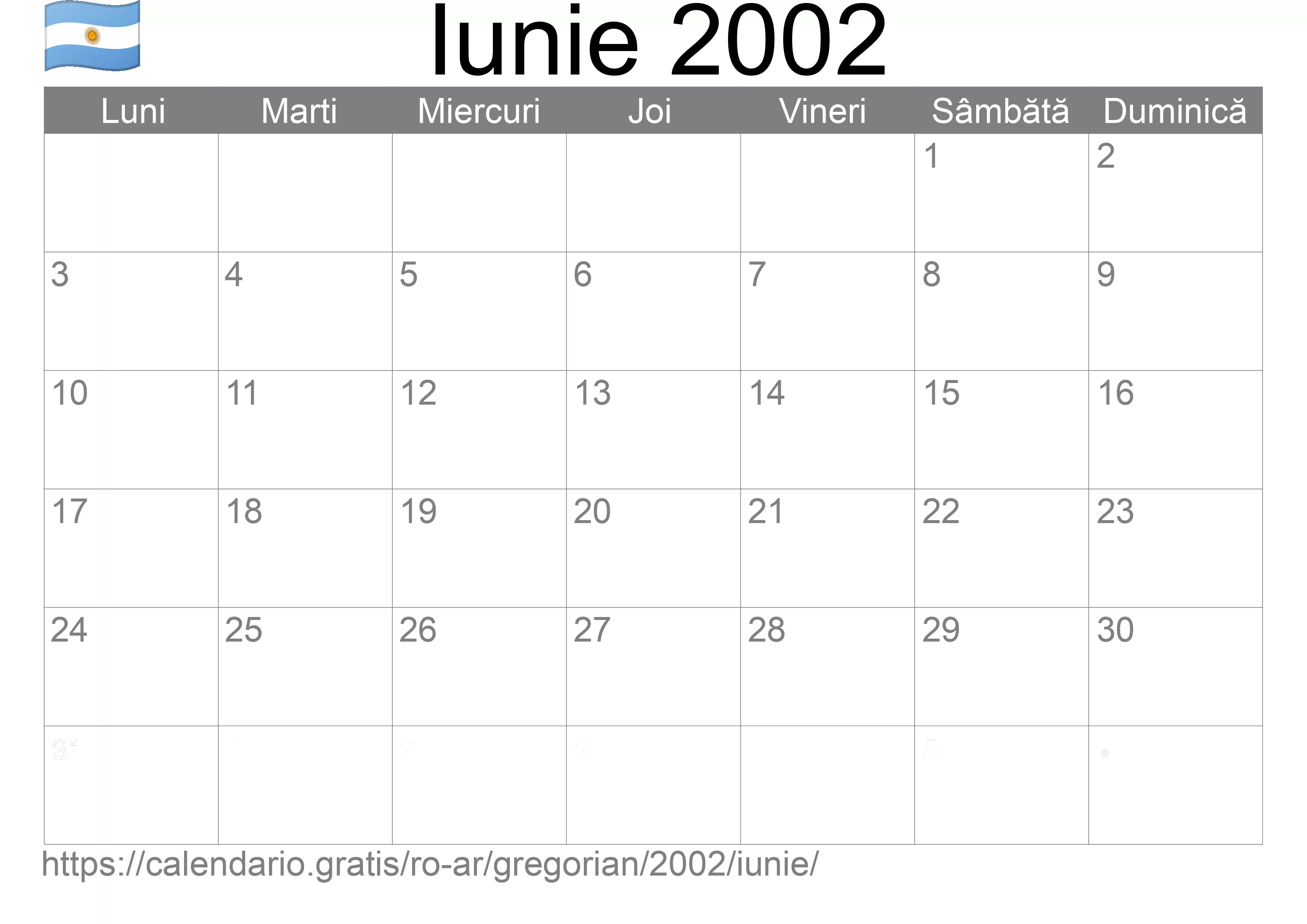 Calendar Iunie 2002 pentru imprimare (Argentina) Calendar Iunie 2002 pentru imprimare (Argentina)