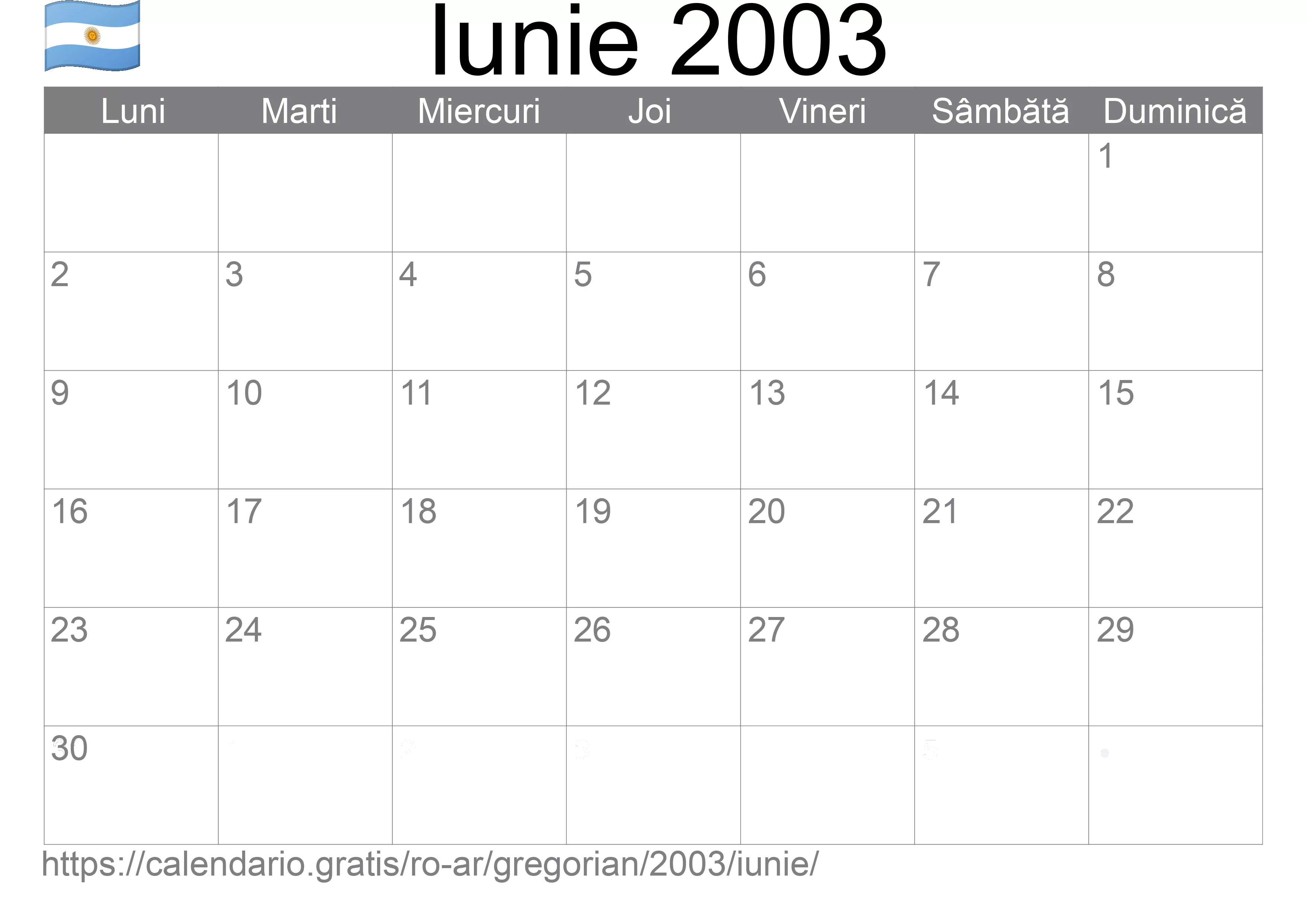 Calendar Iunie 2003 pentru imprimare (Argentina) Calendar Iunie 2003 pentru imprimare (Argentina)