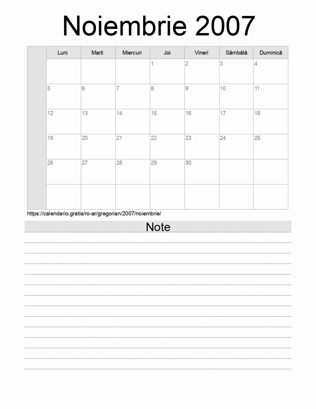 Calendar pentru Noiembrie 2007 de imprimat cu note. (Argentina)