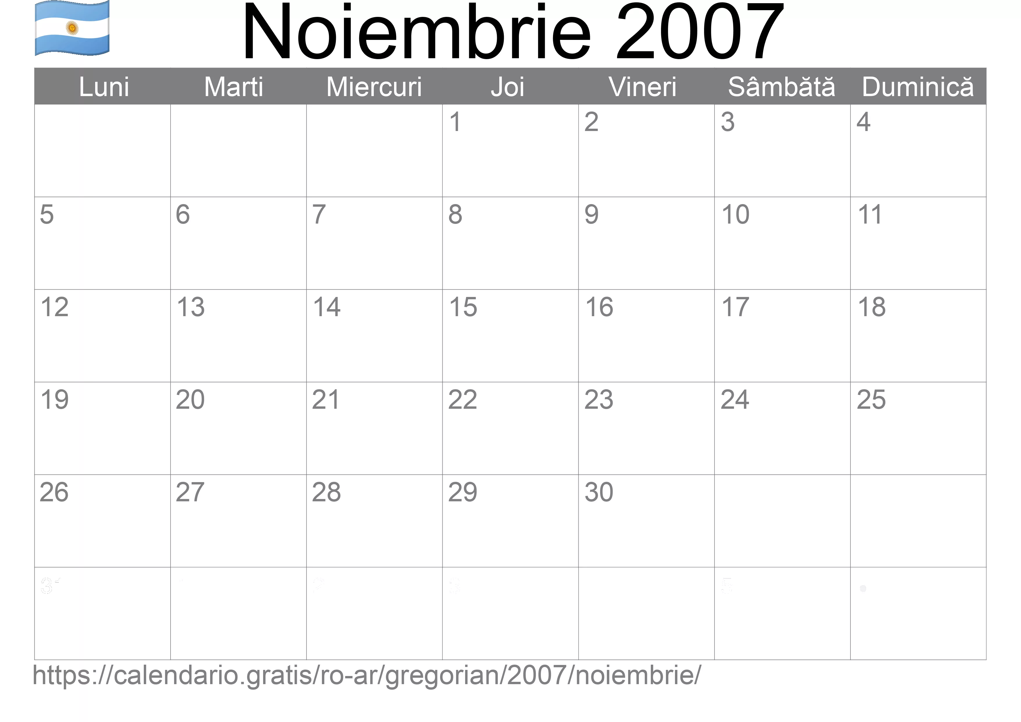 Calendar Noiembrie 2007 pentru imprimare (Argentina)