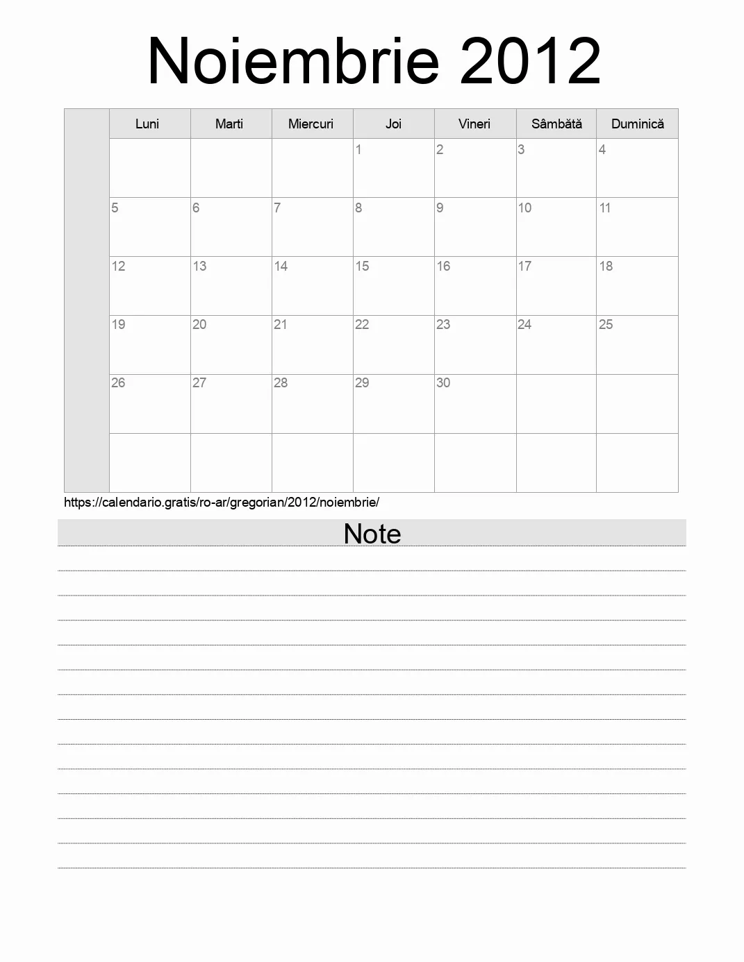 Calendar pentru Noiembrie 2012 de imprimat cu note. (Argentina)