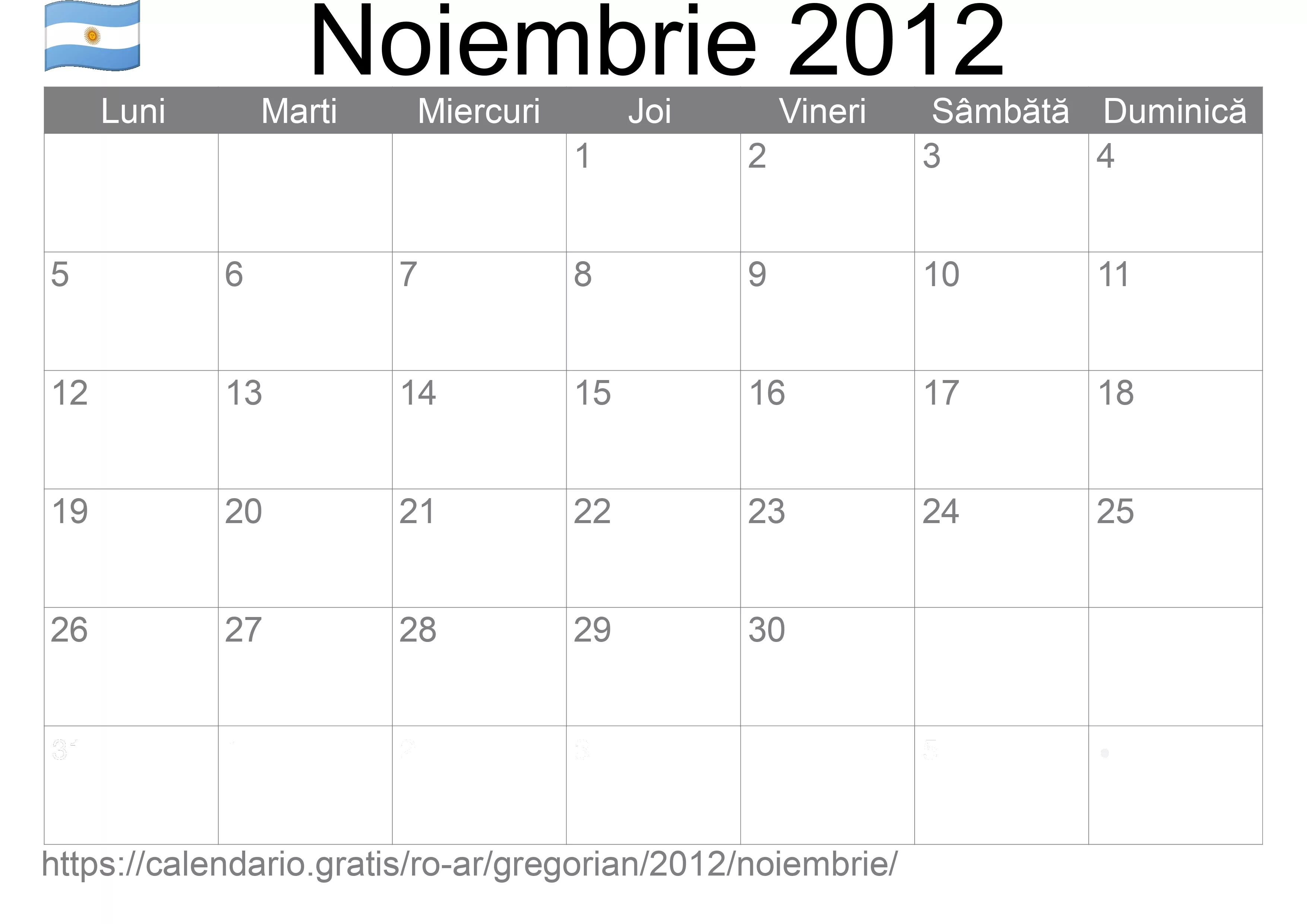 Calendar Noiembrie 2012 pentru imprimare (Argentina)