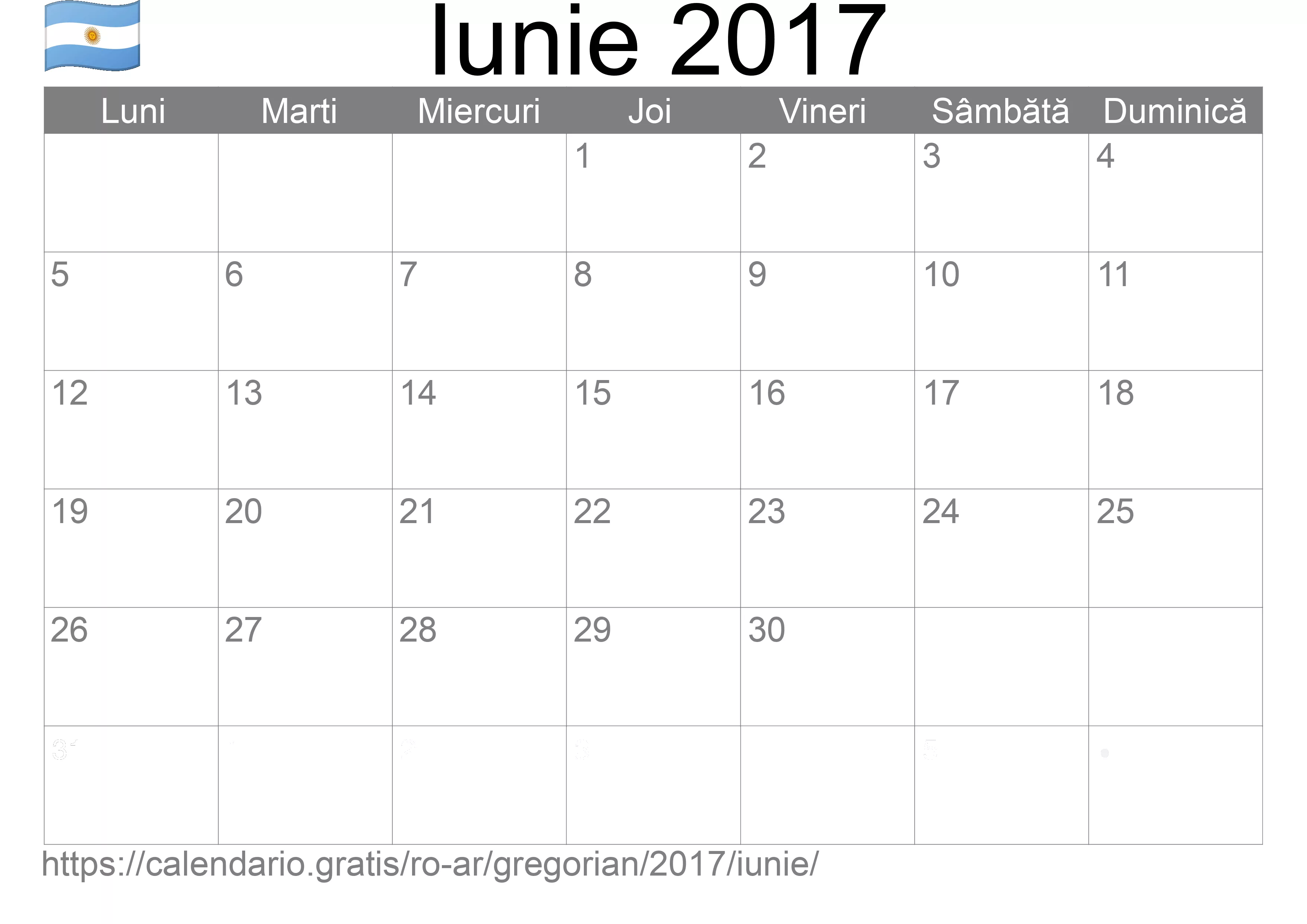 Calendar Iunie 2017 pentru imprimare (Argentina) Calendar Iunie 2017 pentru imprimare (Argentina)