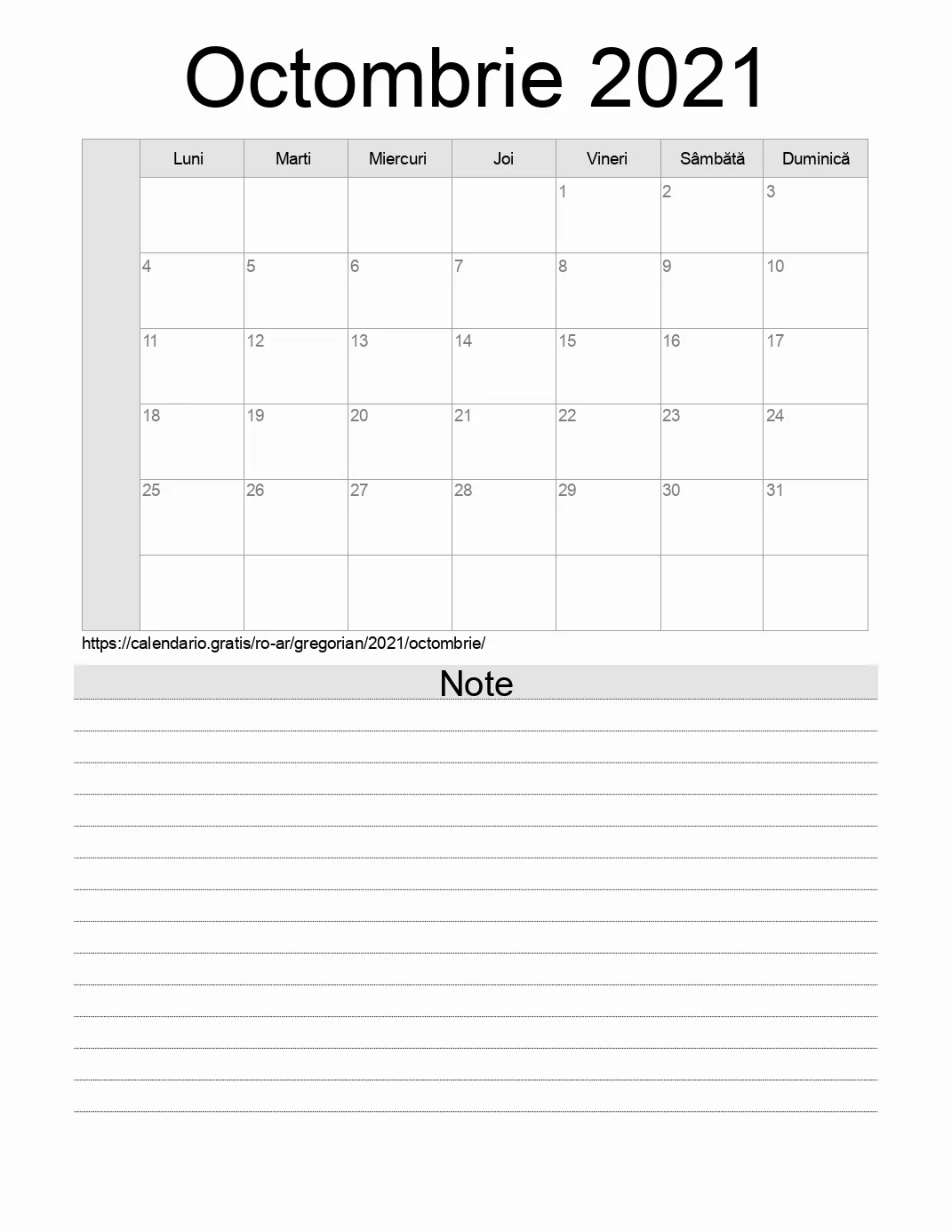 Calendar pentru Octombrie 2021 de imprimat cu note. (Argentina)