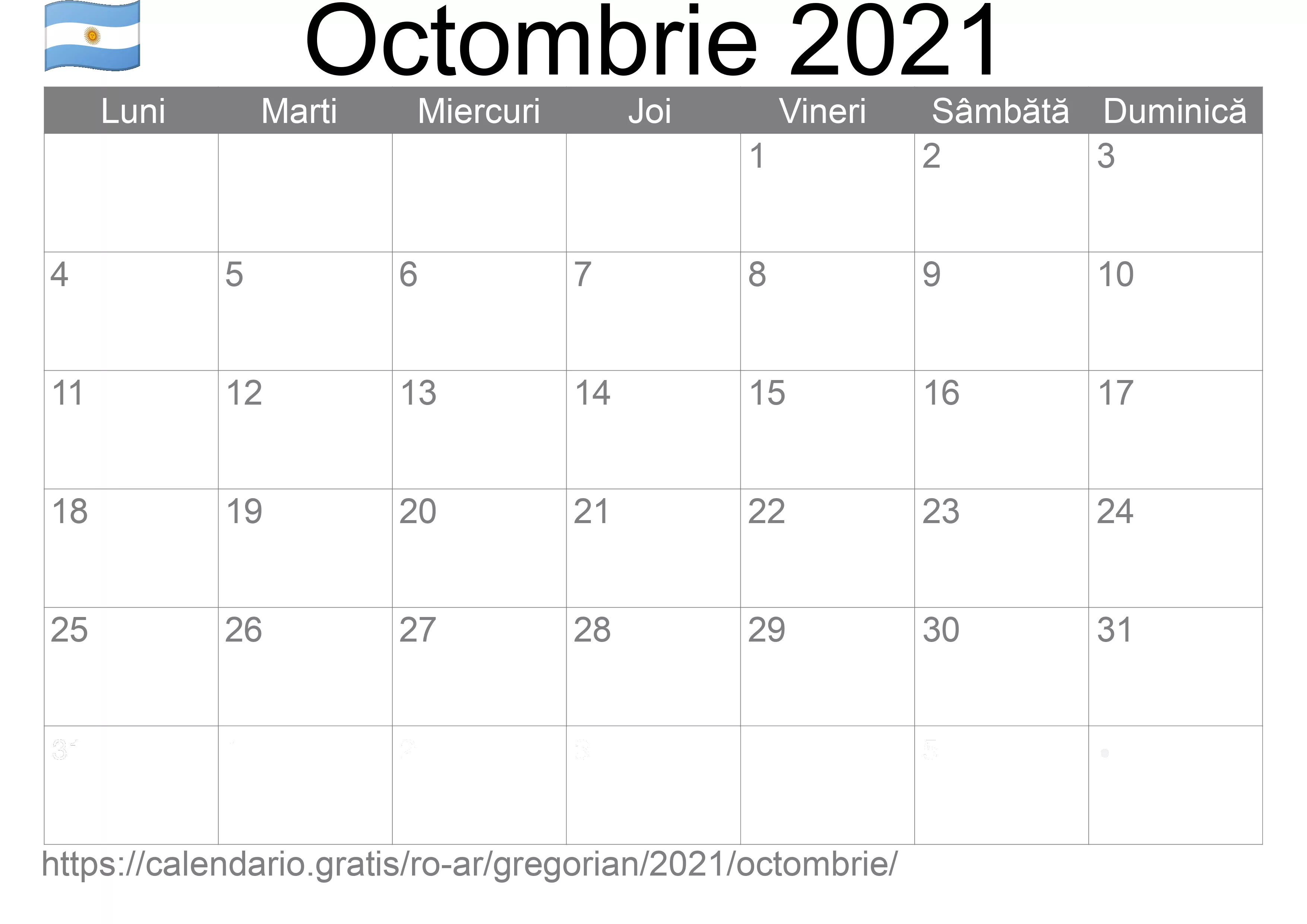 Calendar Octombrie 2021 pentru imprimare (Argentina)
