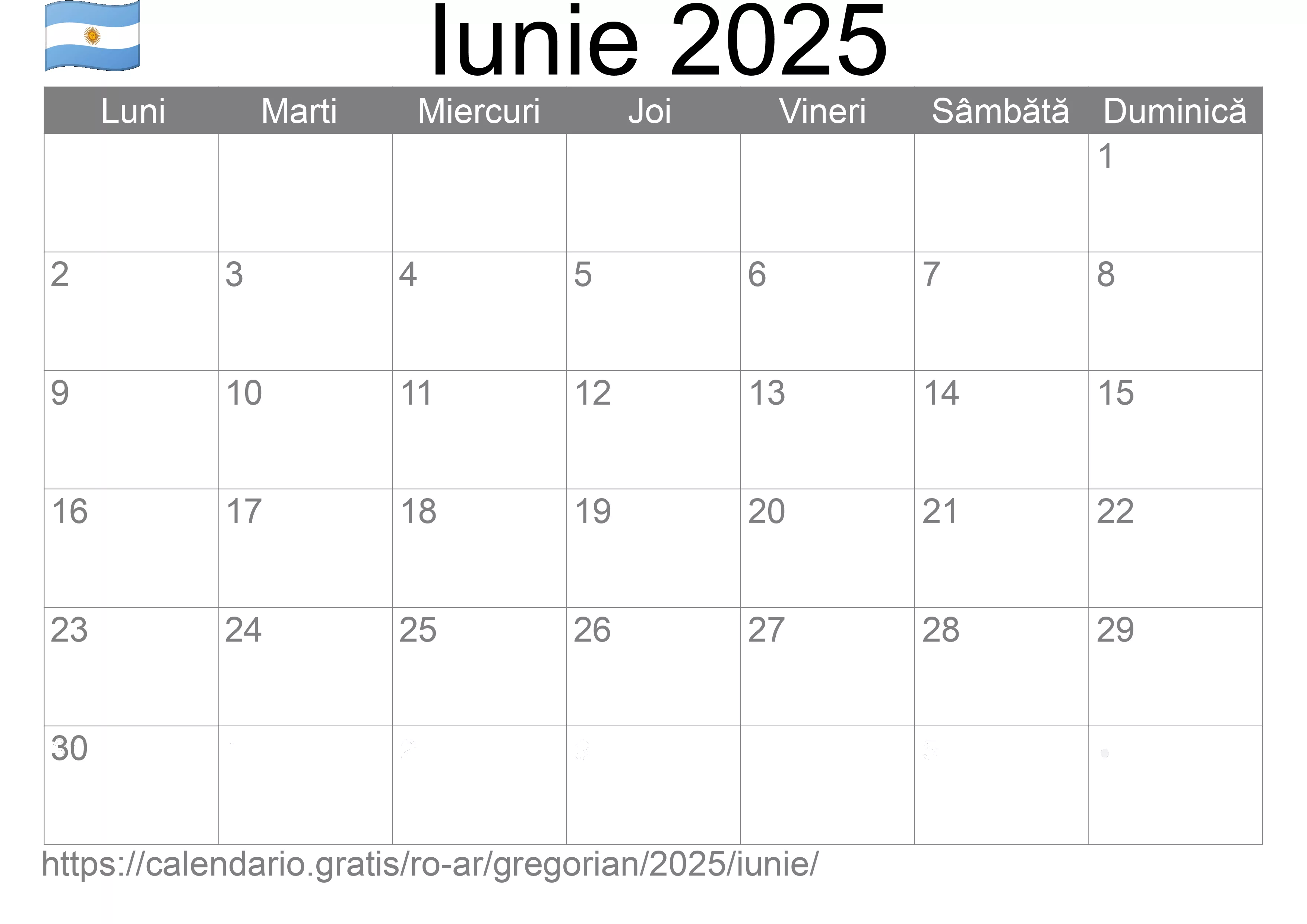 Calendar Iunie 2025 pentru imprimare (Argentina)