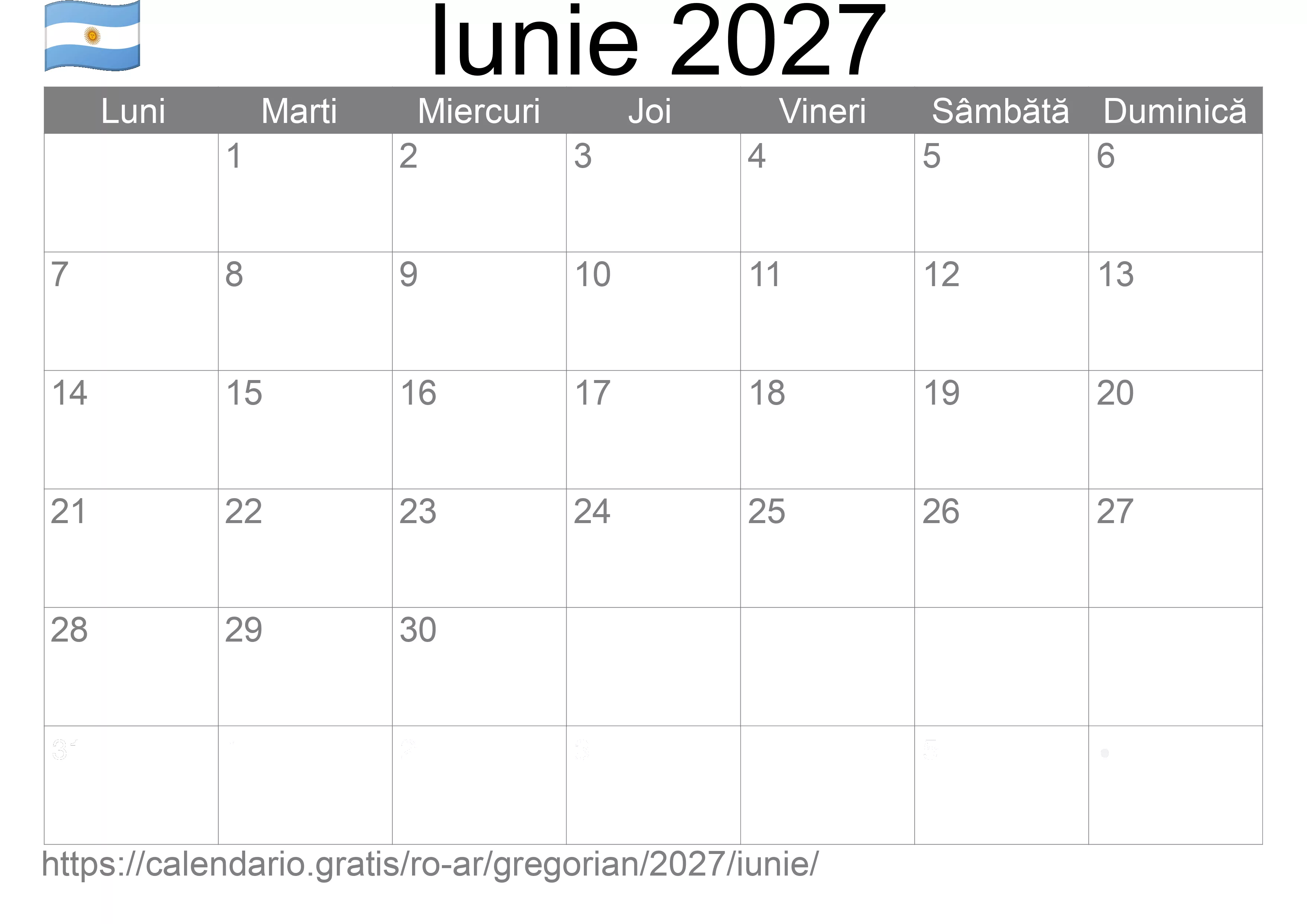 Calendar Iunie 2027 pentru imprimare (Argentina)
