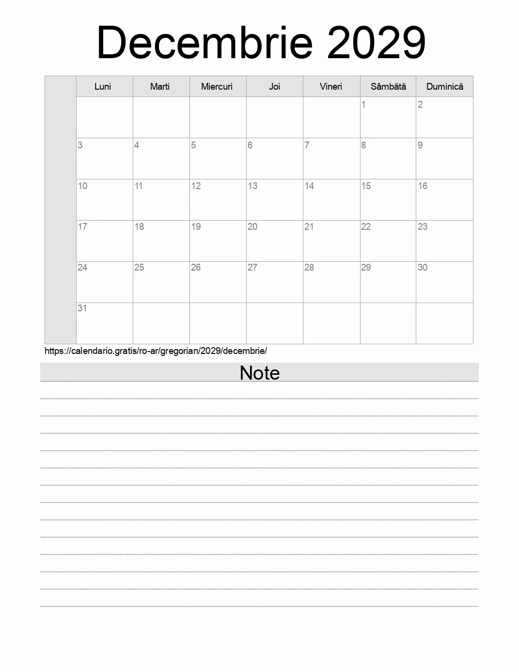 Calendar pentru Decembrie 2029 de imprimat cu note. (Argentina)