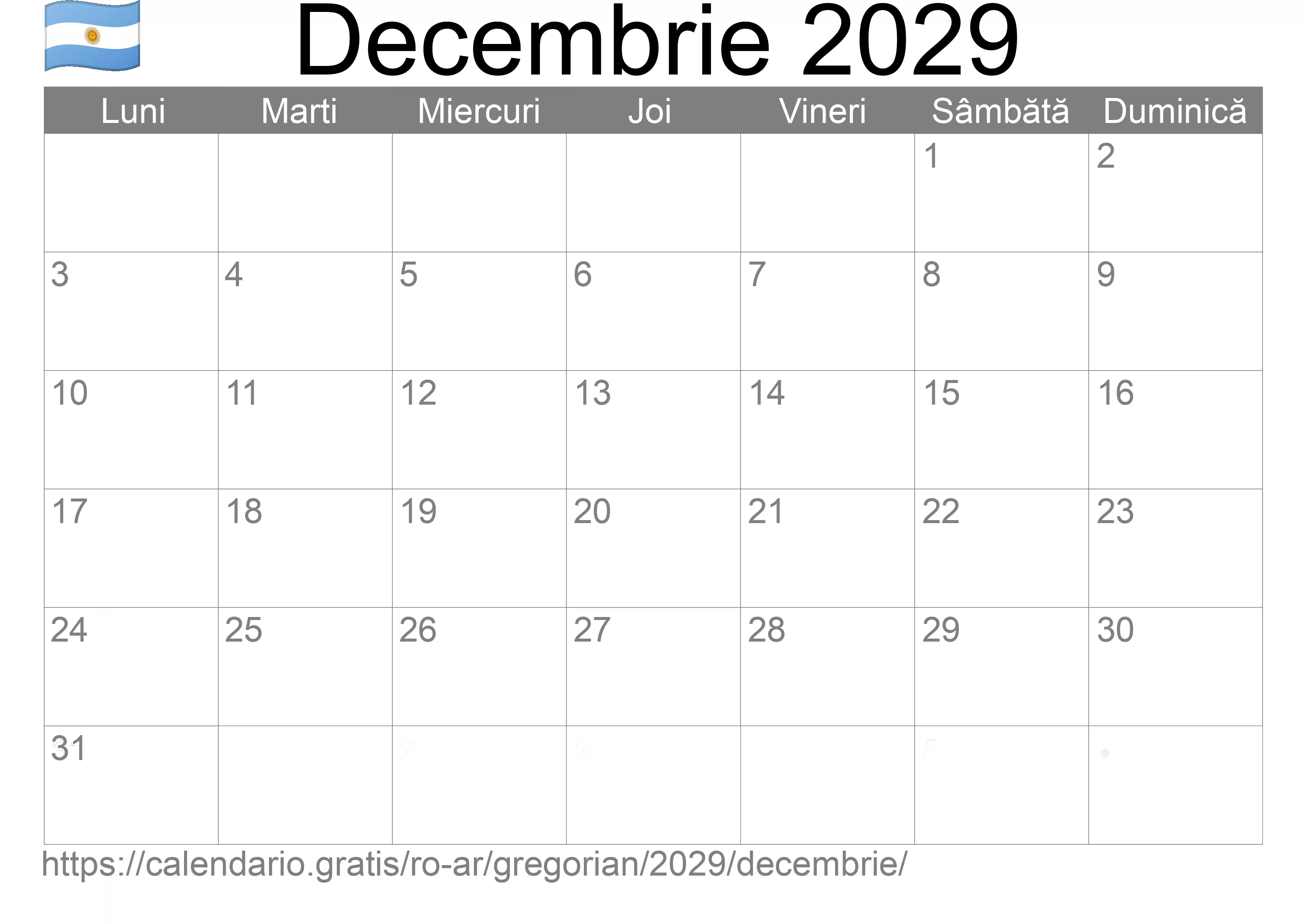 Calendar Decembrie 2029 pentru imprimare (Argentina)