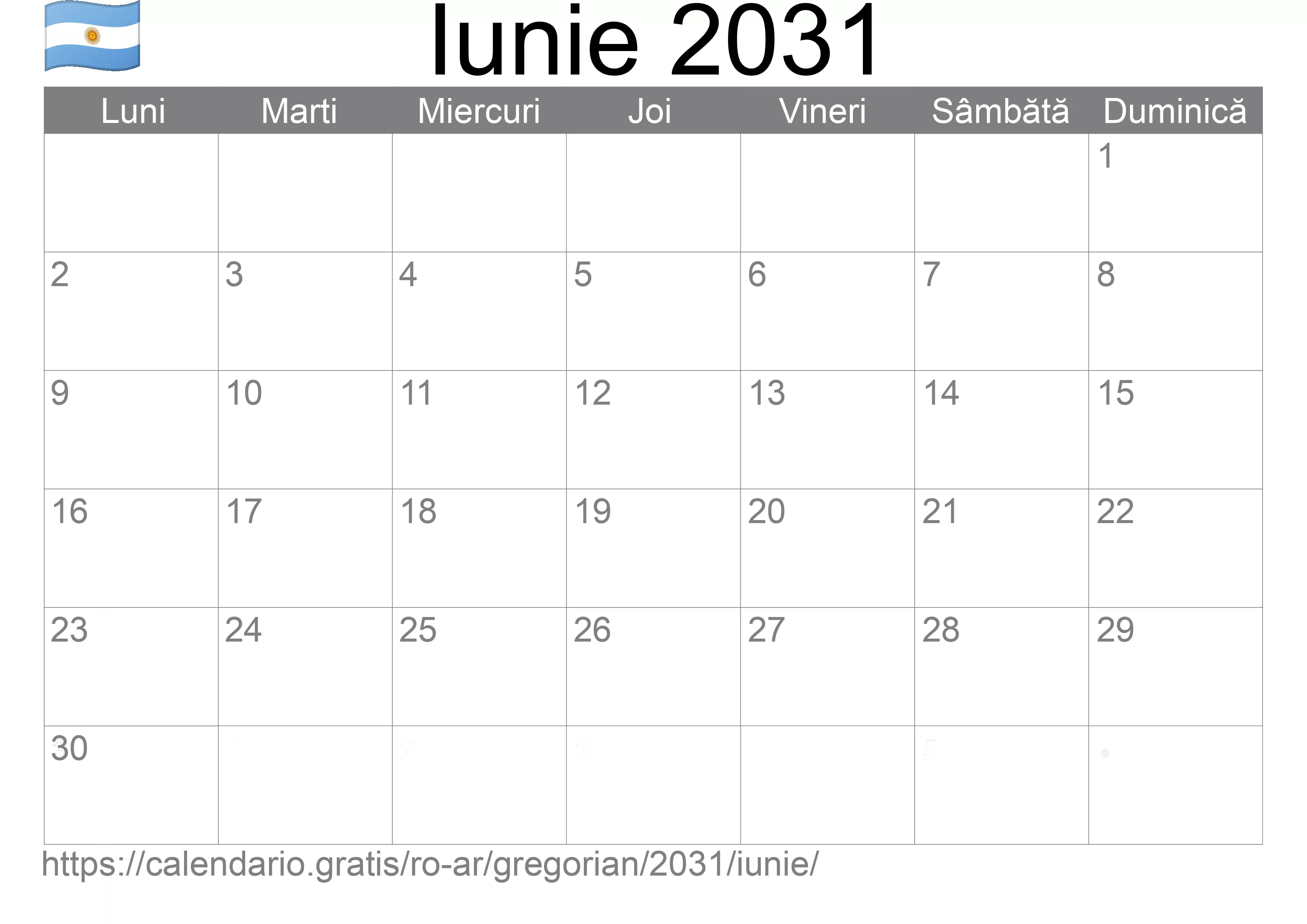 Calendar Iunie 2031 pentru imprimare (Argentina)