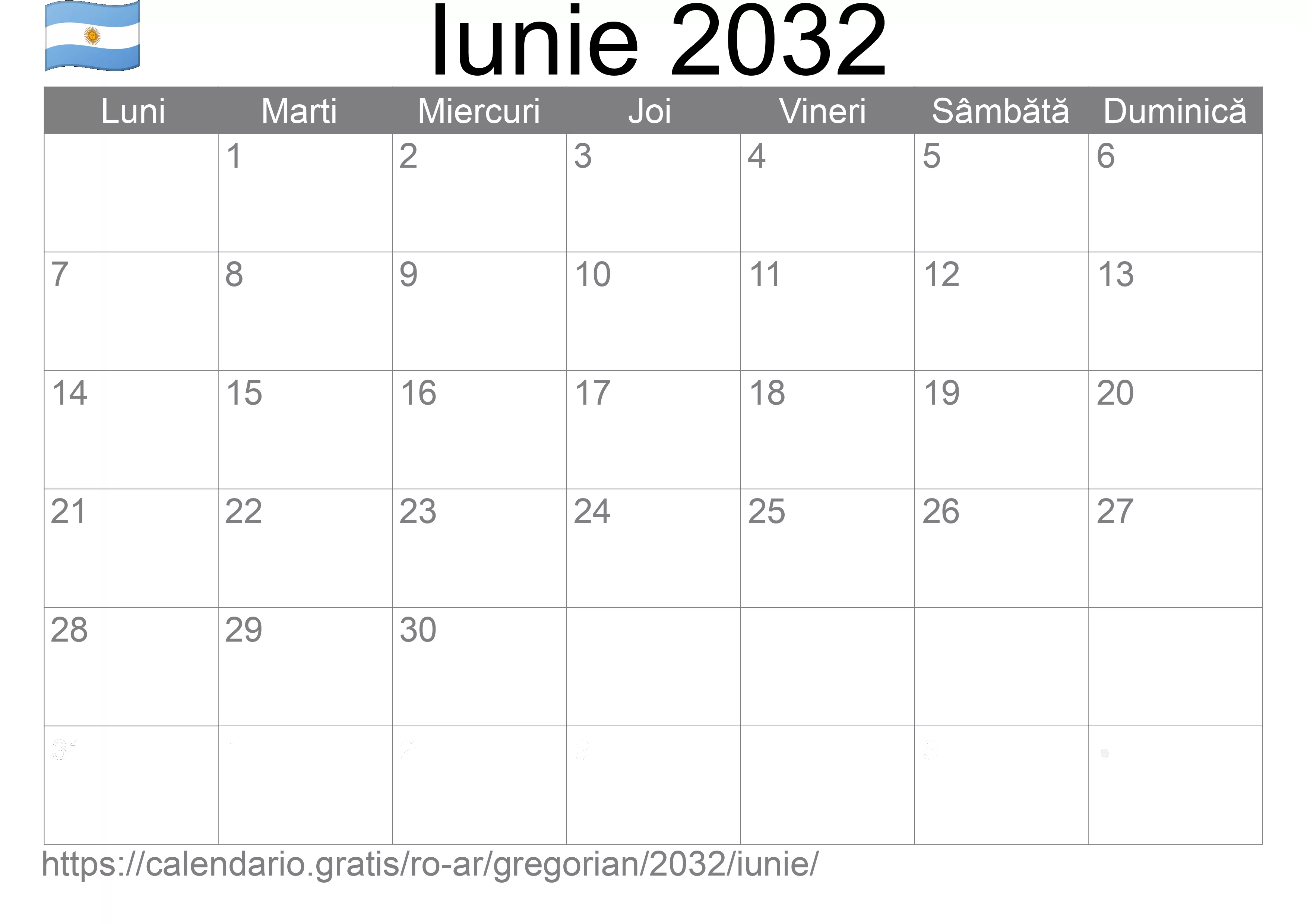 Calendar Iunie 2032 pentru imprimare (Argentina) Calendar Iunie 2032 pentru imprimare (Argentina)